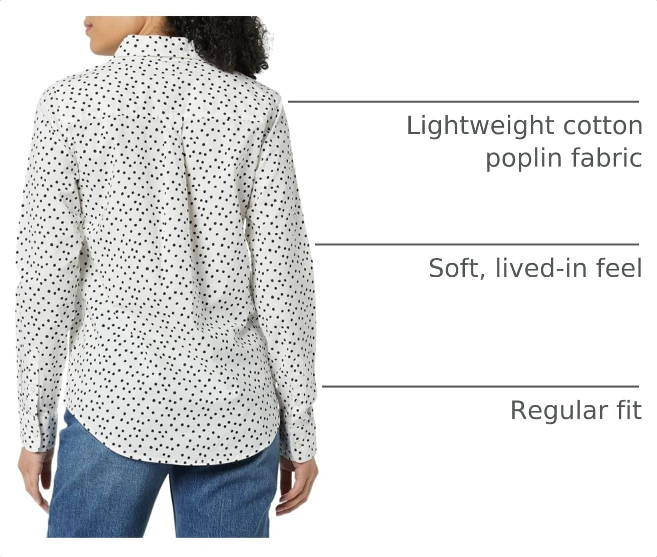 image:imageAmazon Essentials Womens RegularFit LongSleeve ButtonDown Cotton Poplin Shirt Business CasualBlack White Dots