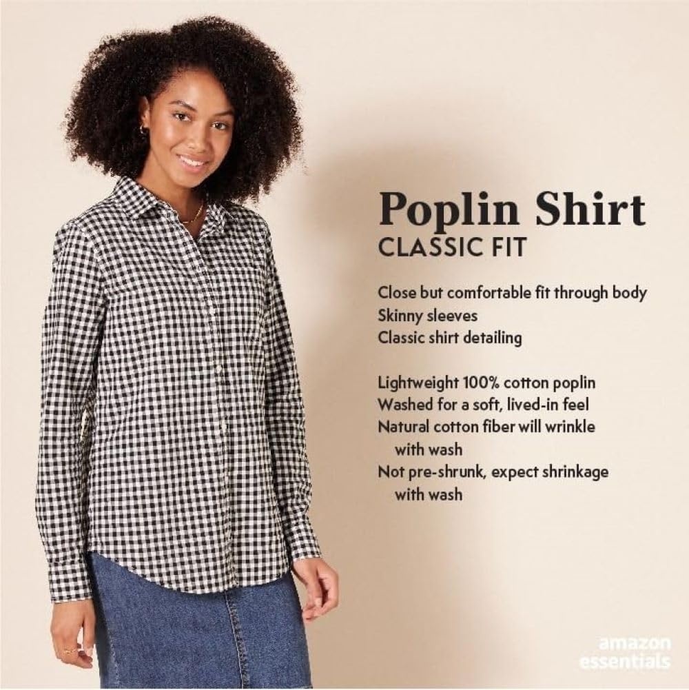 image:imageAmazon Essentials Womens RegularFit LongSleeve ButtonDown Cotton Poplin Shirt Business CasualBlack White Gingham