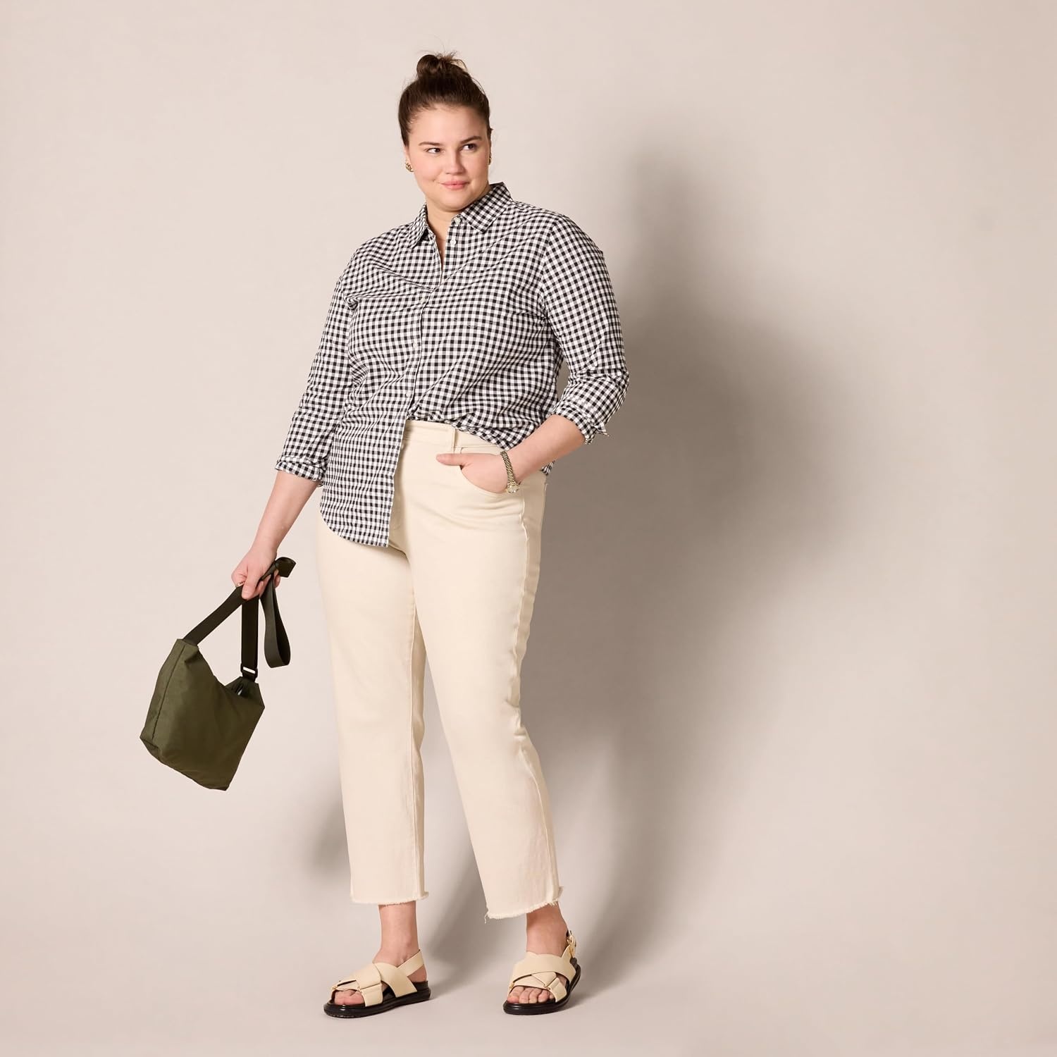 image:imageAmazon Essentials Womens RegularFit LongSleeve ButtonDown Cotton Poplin Shirt Business CasualBlack White Gingham