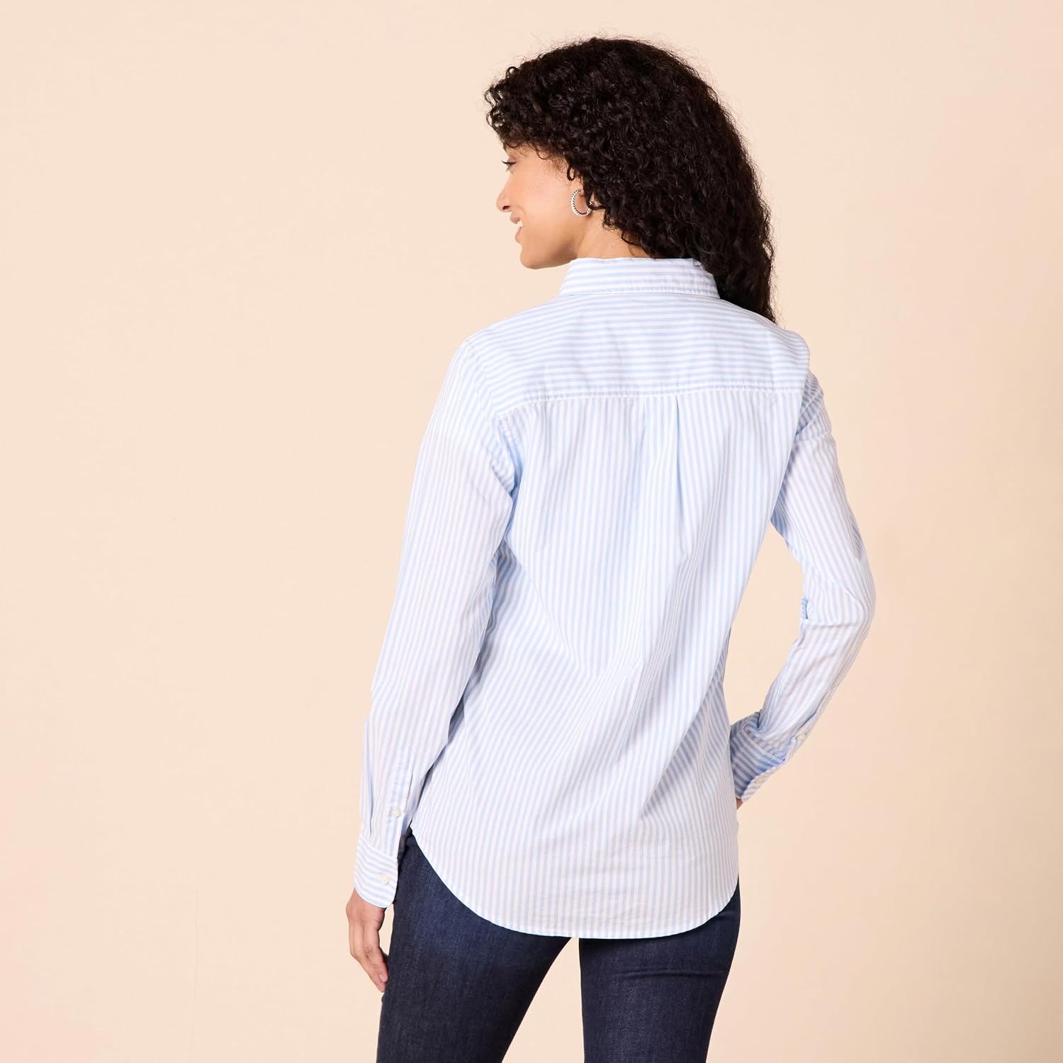 image:imageAmazon Essentials Womens RegularFit LongSleeve ButtonDown Cotton Poplin Shirt Business CasualFrench Blue White Stripe