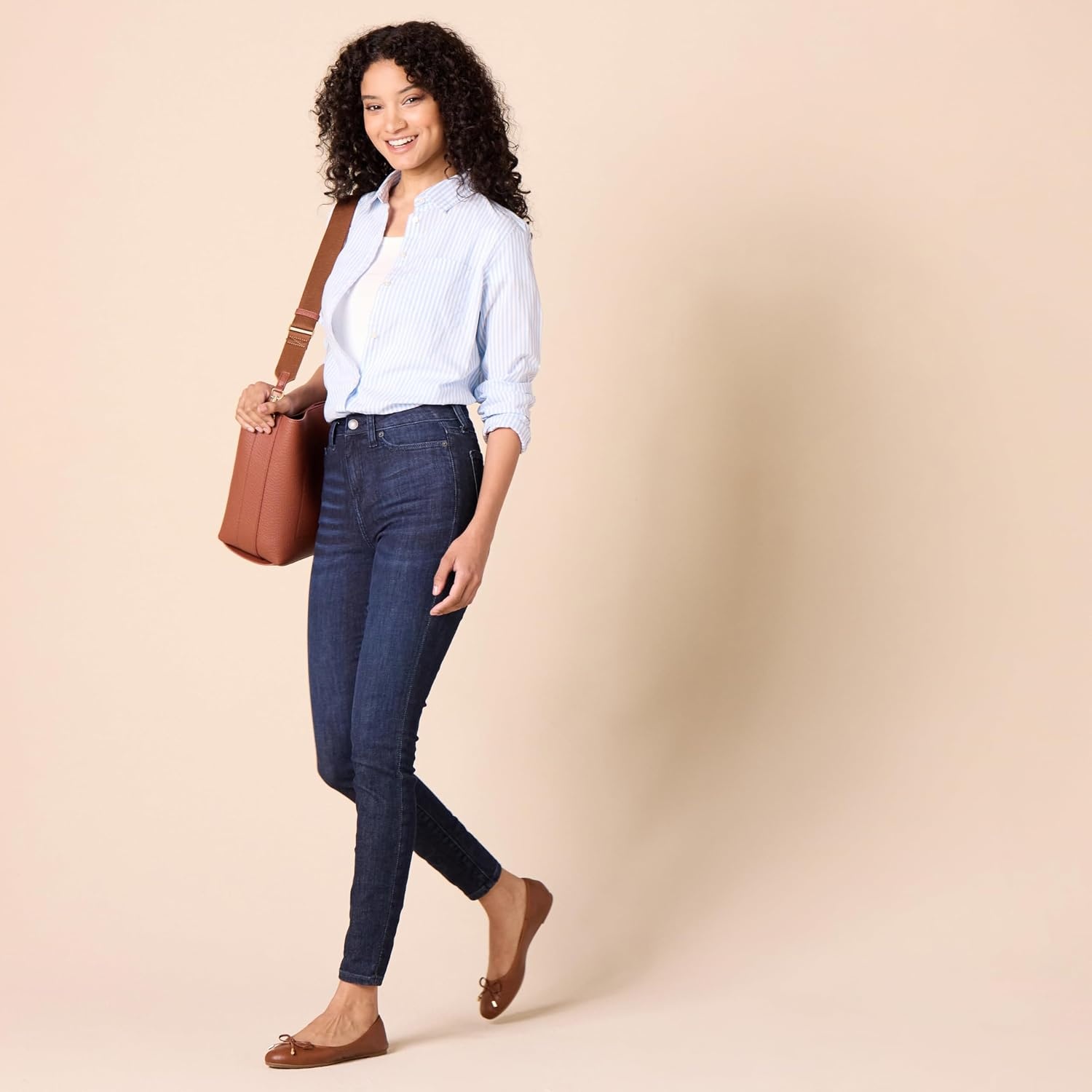 image:imageAmazon Essentials Womens RegularFit LongSleeve ButtonDown Cotton Poplin Shirt Business CasualFrench Blue White Stripe