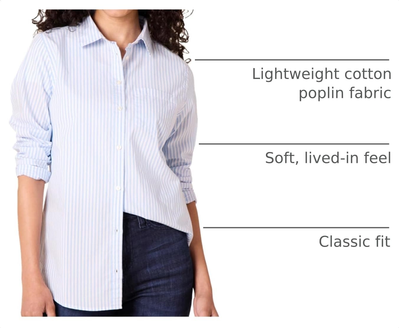image:imageAmazon Essentials Womens RegularFit LongSleeve ButtonDown Cotton Poplin Shirt Business CasualFrench Blue White Stripe