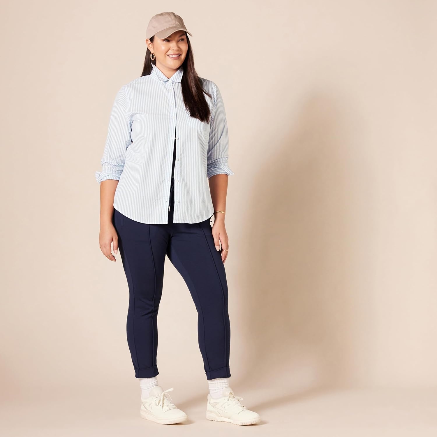 image:imageAmazon Essentials Womens RegularFit LongSleeve ButtonDown Cotton Poplin Shirt Business CasualFrench Blue White Stripe