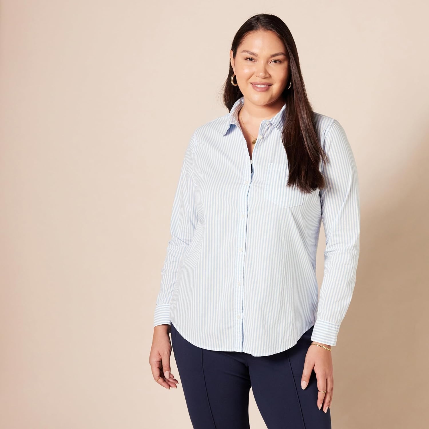 image:imageAmazon Essentials Womens RegularFit LongSleeve ButtonDown Cotton Poplin Shirt Business CasualFrench Blue White Stripe