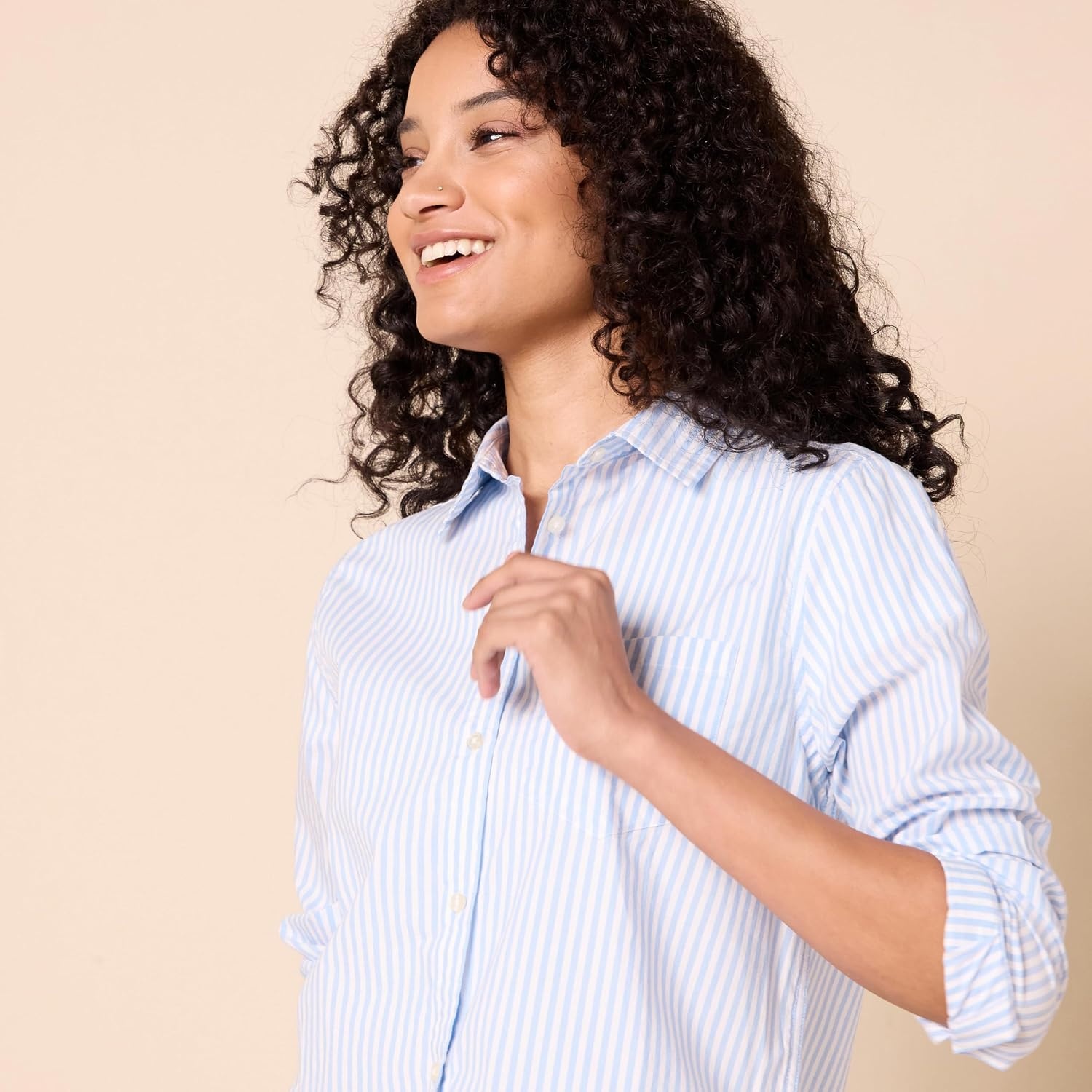 image:imageAmazon Essentials Womens RegularFit LongSleeve ButtonDown Cotton Poplin Shirt Business CasualFrench Blue White Stripe