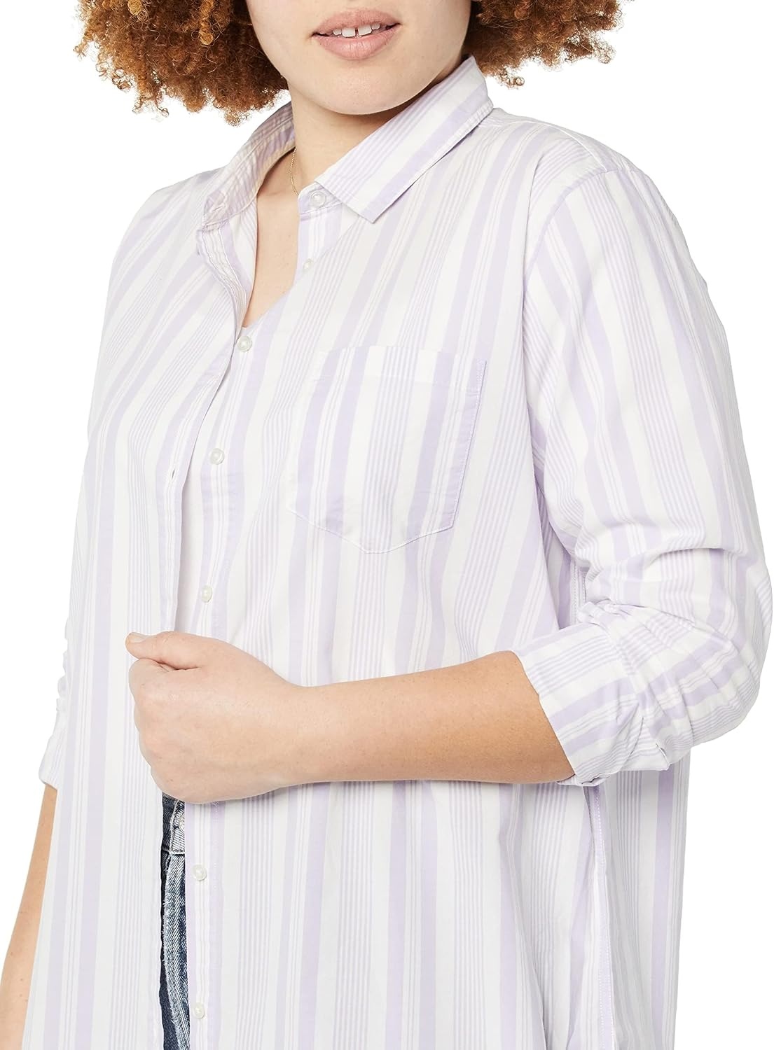 image:imageAmazon Essentials Womens RegularFit LongSleeve ButtonDown Cotton Poplin Shirt Business CasualLilac White Variegated Stripe