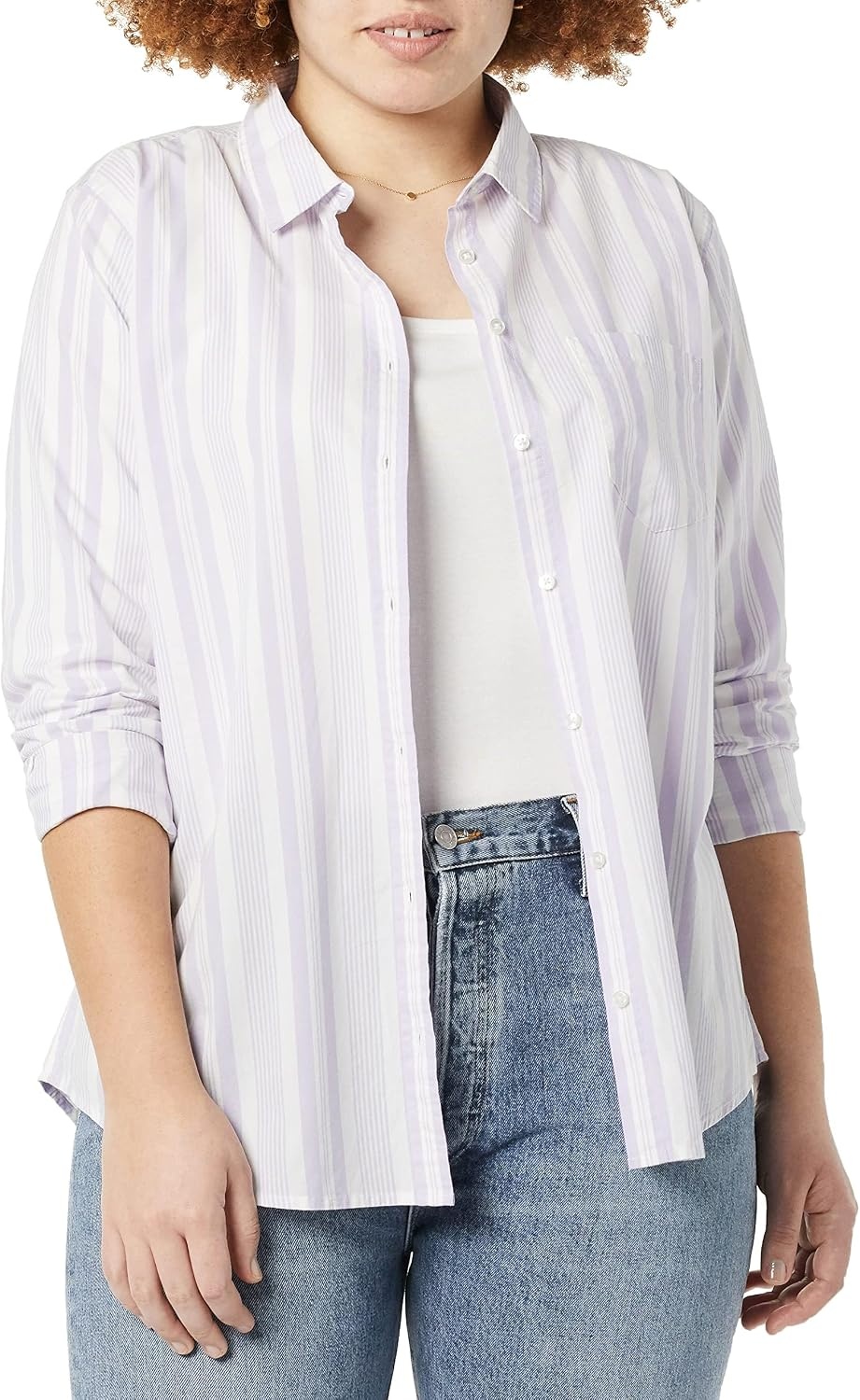 image:imageAmazon Essentials Womens RegularFit LongSleeve ButtonDown Cotton Poplin Shirt Business CasualLilac White Variegated Stripe