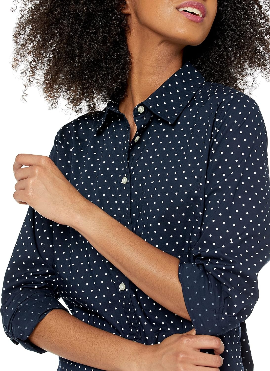 image:imageAmazon Essentials Womens RegularFit LongSleeve ButtonDown Cotton Poplin Shirt Business CasualNavy White Dots