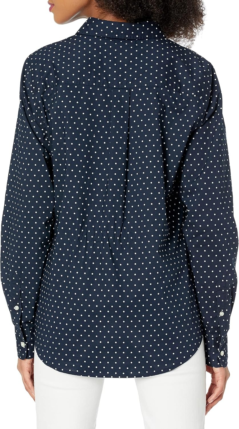 image:imageAmazon Essentials Womens RegularFit LongSleeve ButtonDown Cotton Poplin Shirt Business CasualNavy White Dots