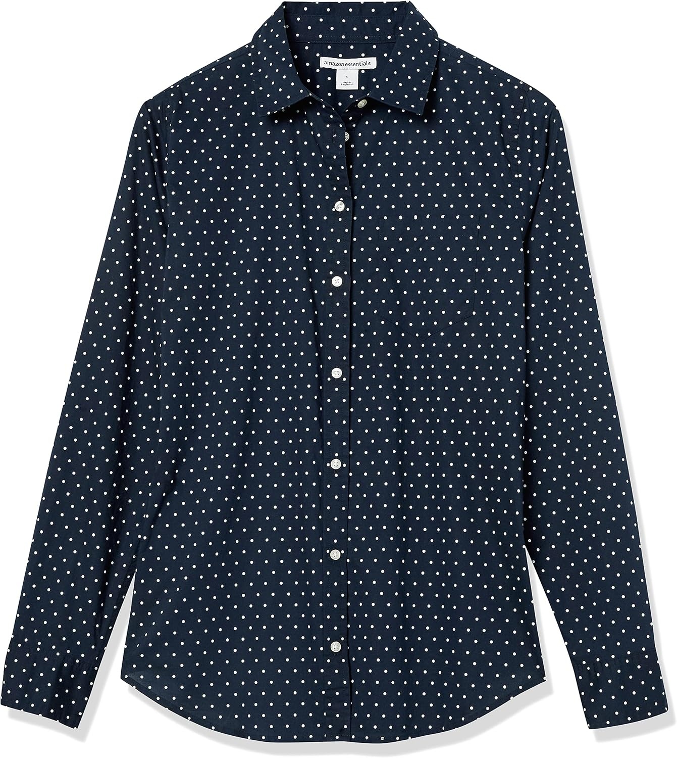 image:imageAmazon Essentials Womens RegularFit LongSleeve ButtonDown Cotton Poplin Shirt Business CasualNavy White Dots