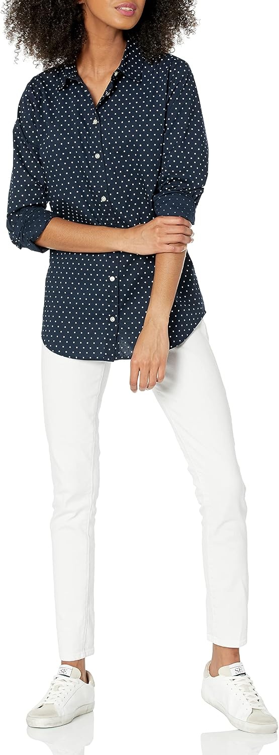 image:imageAmazon Essentials Womens RegularFit LongSleeve ButtonDown Cotton Poplin Shirt Business CasualNavy White Dots