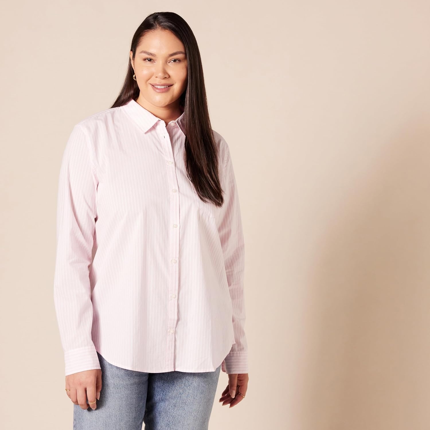 image:imageAmazon Essentials Womens RegularFit LongSleeve ButtonDown Cotton Poplin Shirt Business CasualPink Stripe