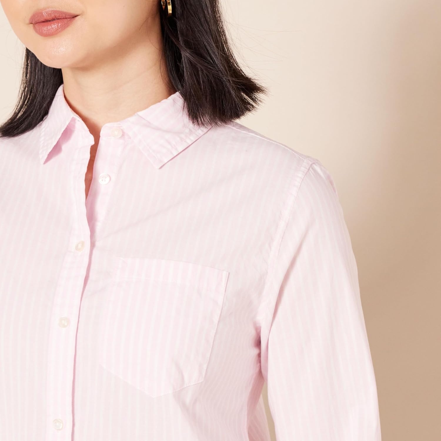 image:imageAmazon Essentials Womens RegularFit LongSleeve ButtonDown Cotton Poplin Shirt Business CasualPink Stripe