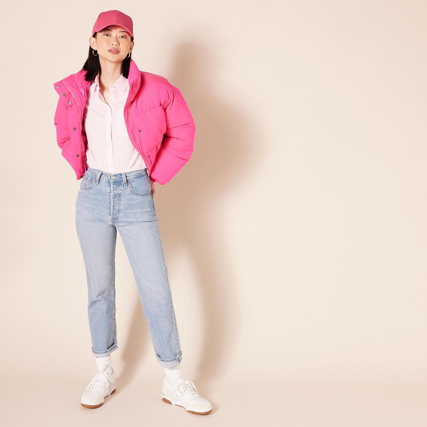 image:imageAmazon Essentials Womens RegularFit LongSleeve ButtonDown Cotton Poplin Shirt Business CasualPink Stripe