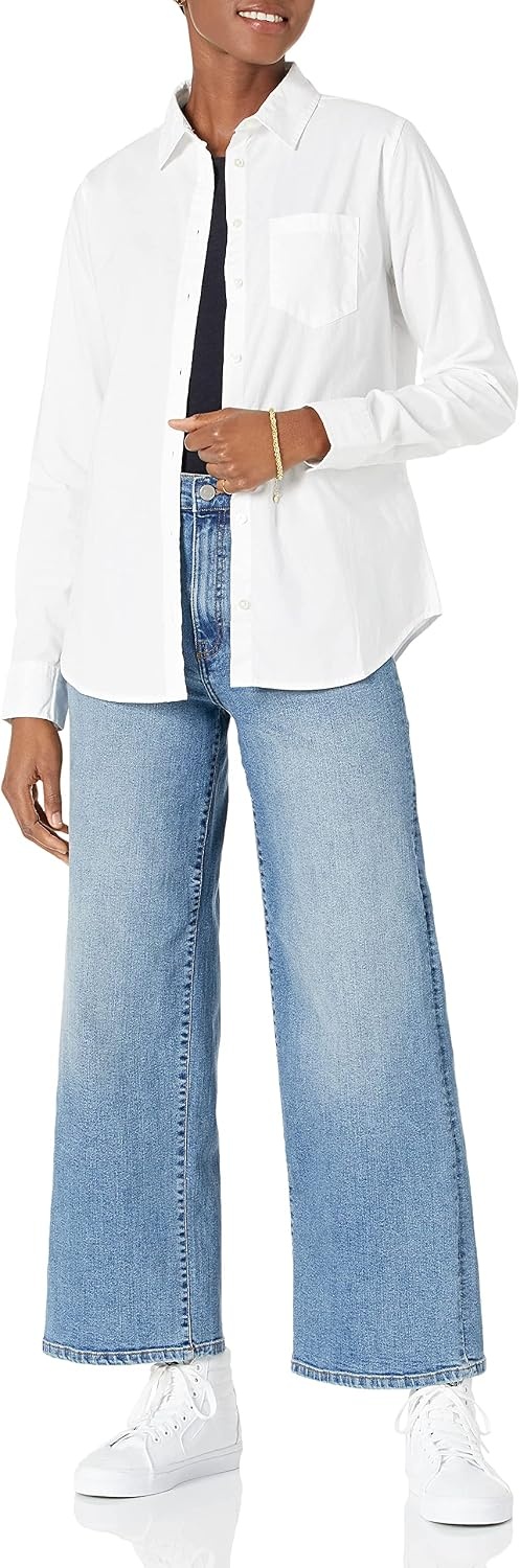 image:imageAmazon Essentials Womens RegularFit LongSleeve ButtonDown Cotton Poplin Shirt Business CasualWhite