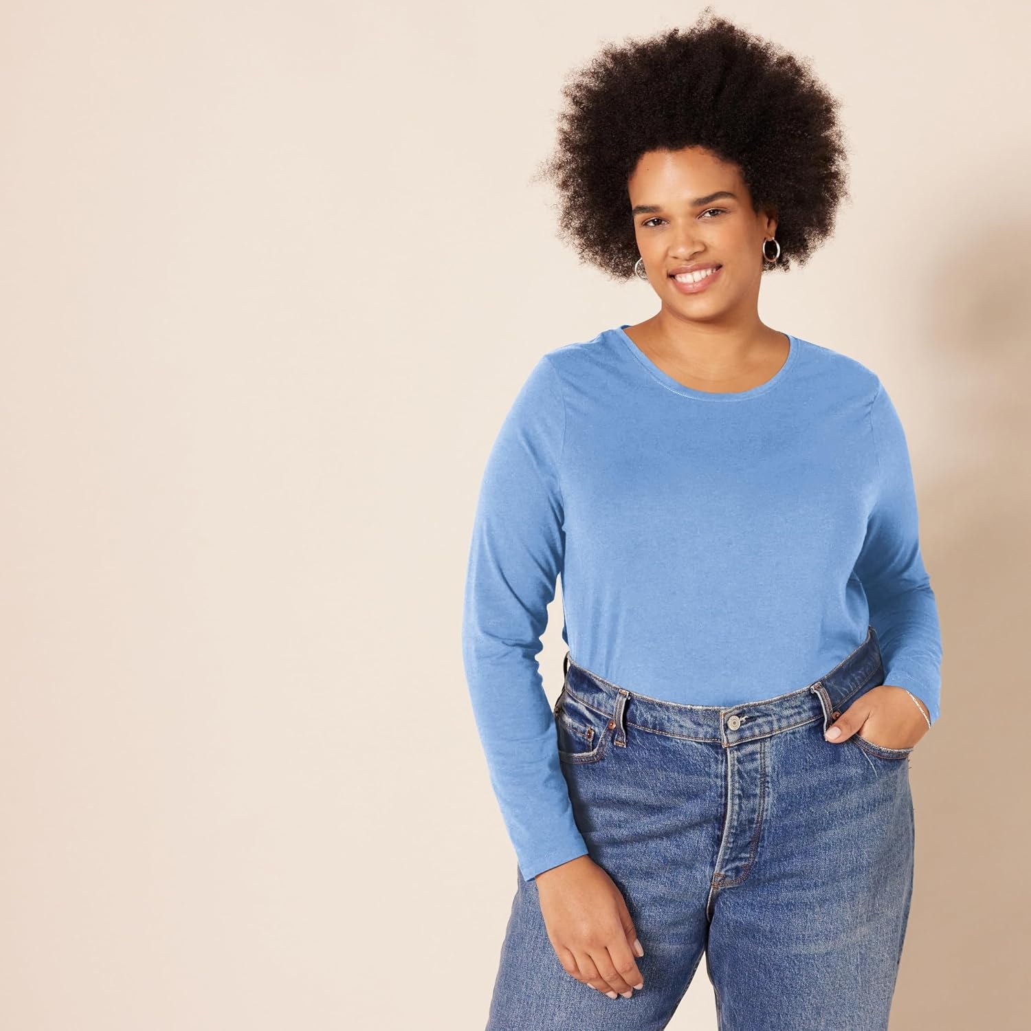 image:imageAmazon Essentials Womens RegularFit LongSleeve Crewneck TShirt Available in Plus SizeBlue
