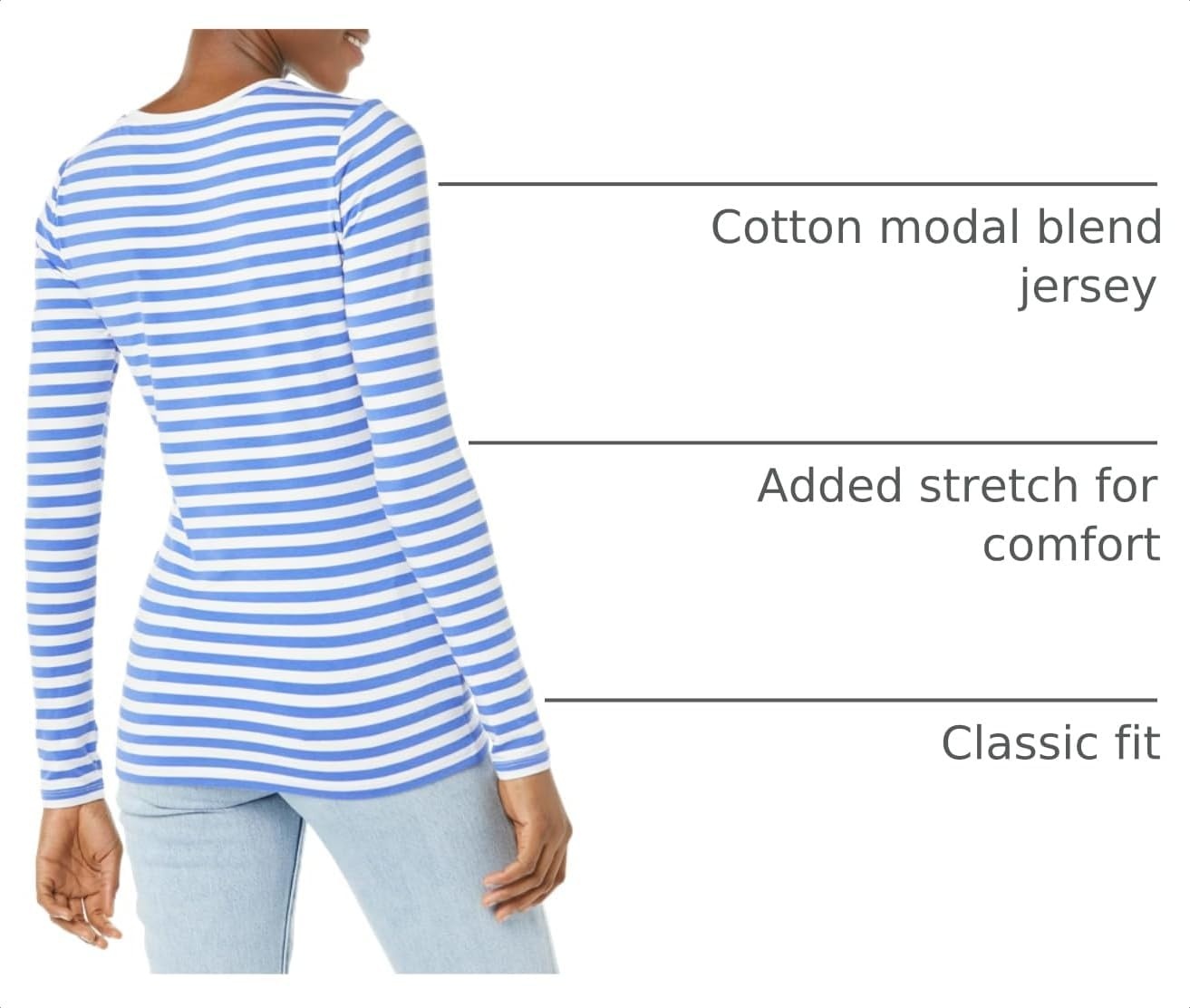 image:imageAmazon Essentials Womens RegularFit LongSleeve Crewneck TShirt Available in Plus SizeBlue White Even Stripe