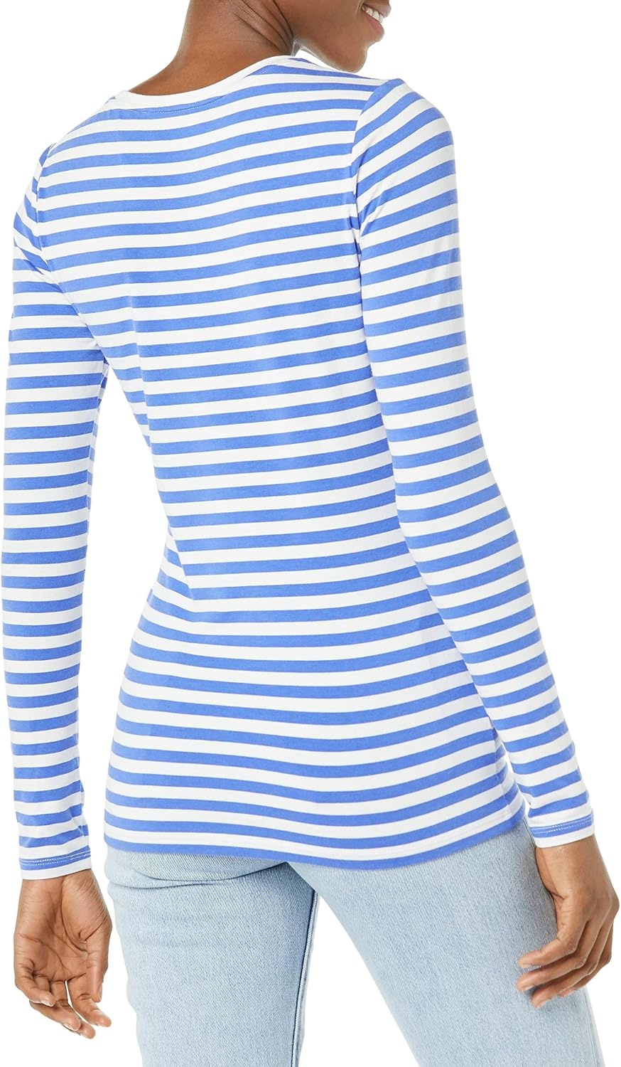 image:imageAmazon Essentials Womens RegularFit LongSleeve Crewneck TShirt Available in Plus SizeBlue White Even Stripe