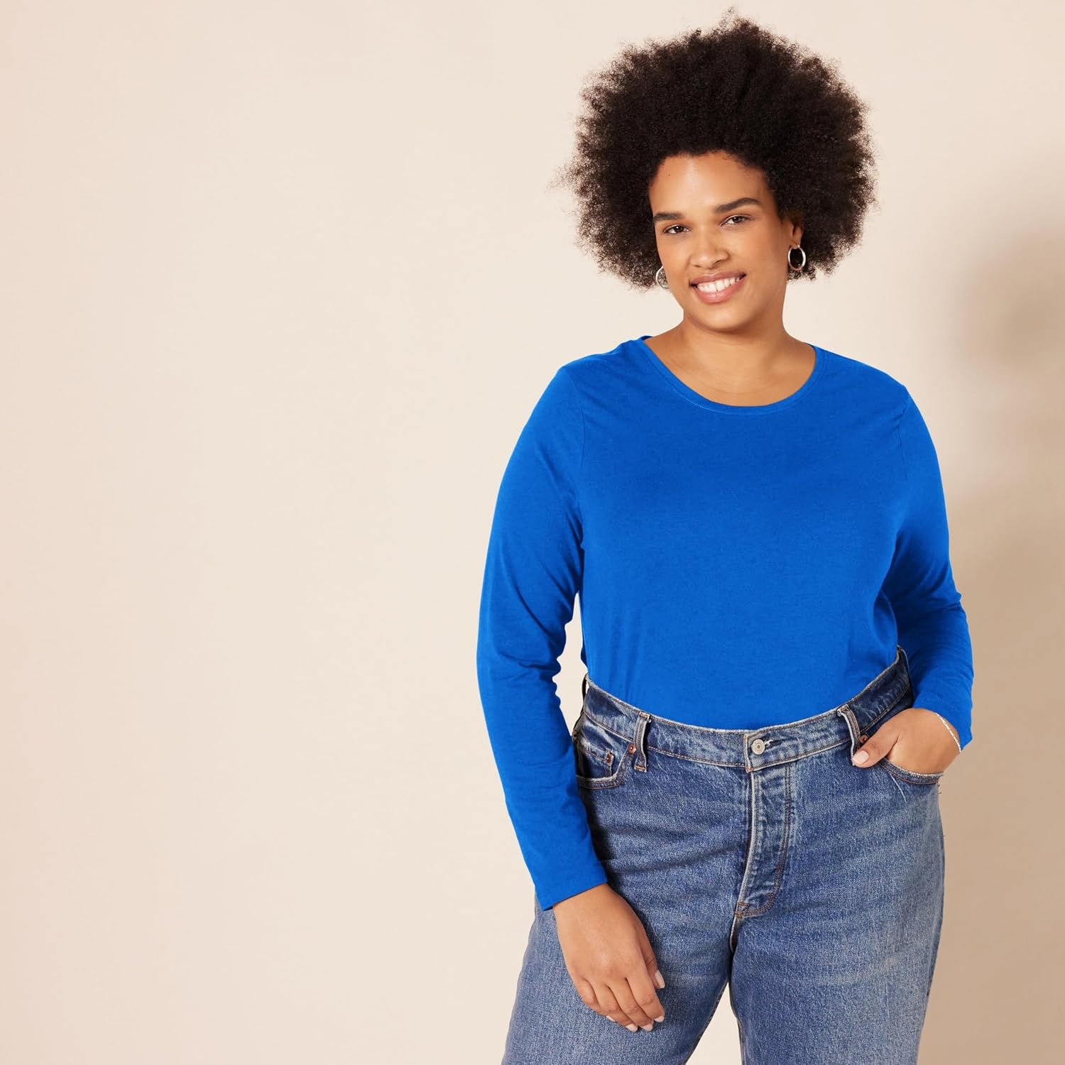 image:imageAmazon Essentials Womens RegularFit LongSleeve Crewneck TShirt Available in Plus SizeBright Blue