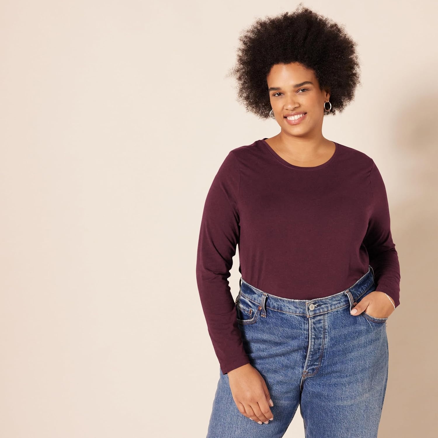 image:imageAmazon Essentials Womens RegularFit LongSleeve Crewneck TShirt Available in Plus SizeBurgundy