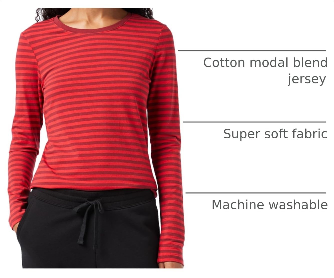 image:imageAmazon Essentials Womens RegularFit LongSleeve Crewneck TShirt Available in Plus SizeBurgundy Red Stripe