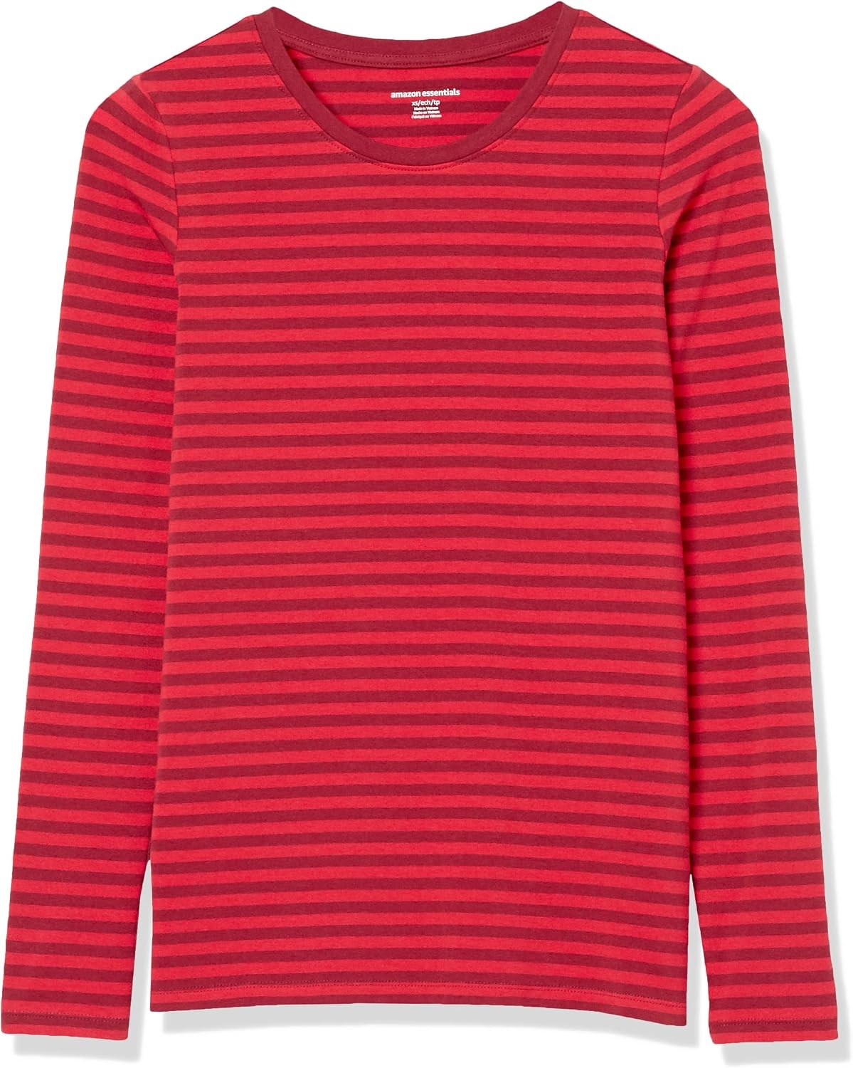 image:imageAmazon Essentials Womens RegularFit LongSleeve Crewneck TShirt Available in Plus SizeBurgundy Red Stripe