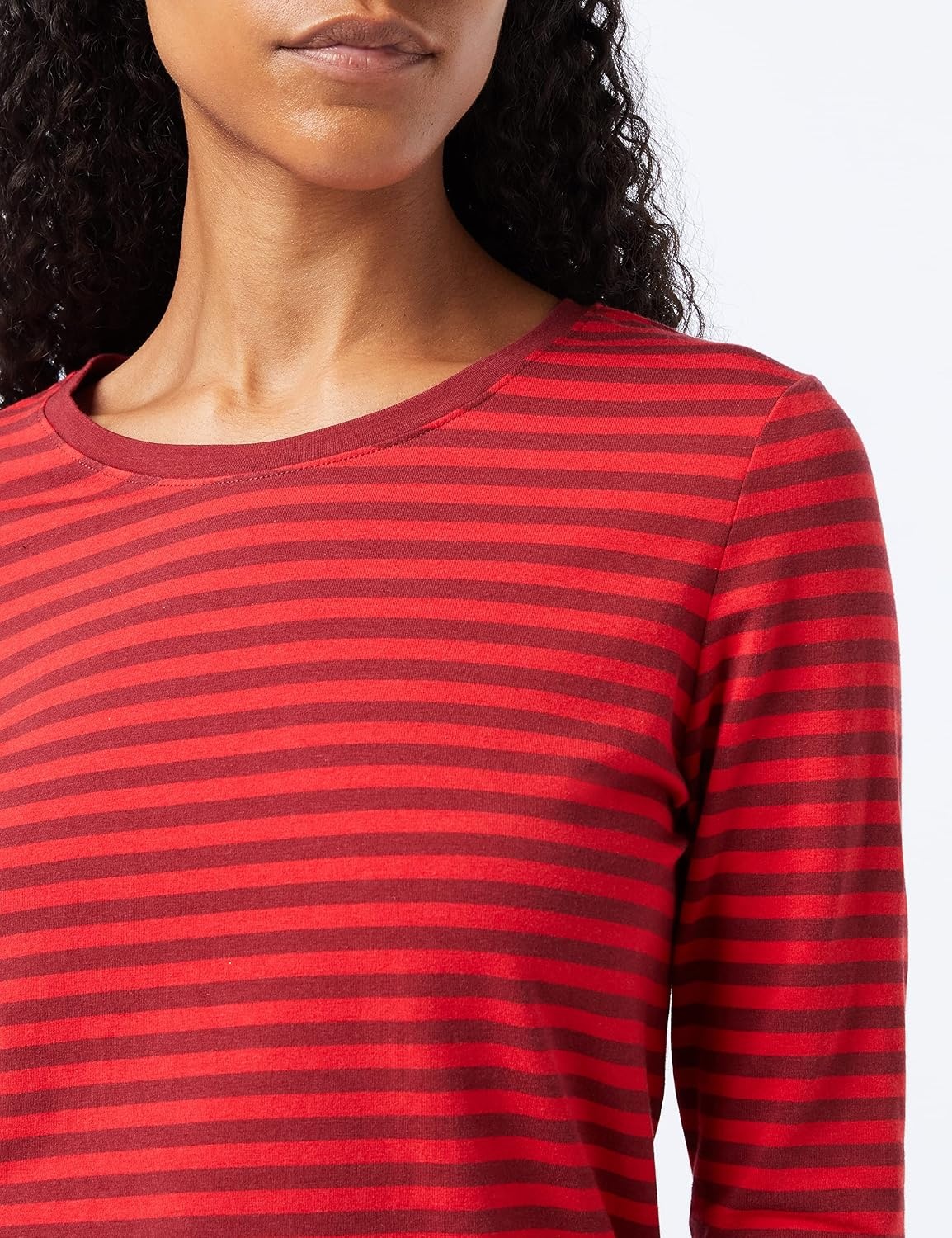 image:imageAmazon Essentials Womens RegularFit LongSleeve Crewneck TShirt Available in Plus SizeBurgundy Red Stripe