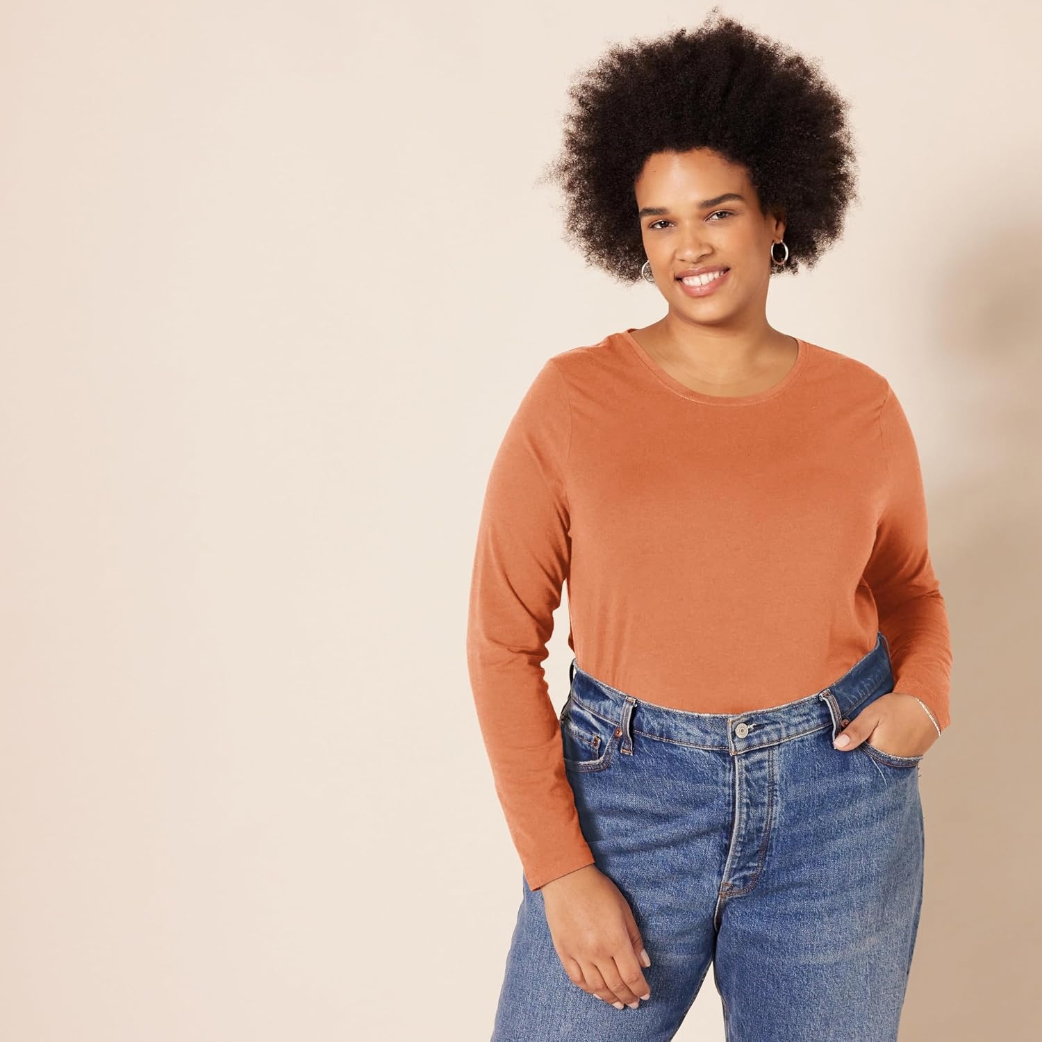 image:imageAmazon Essentials Womens RegularFit LongSleeve Crewneck TShirt Available in Plus SizeCaramel