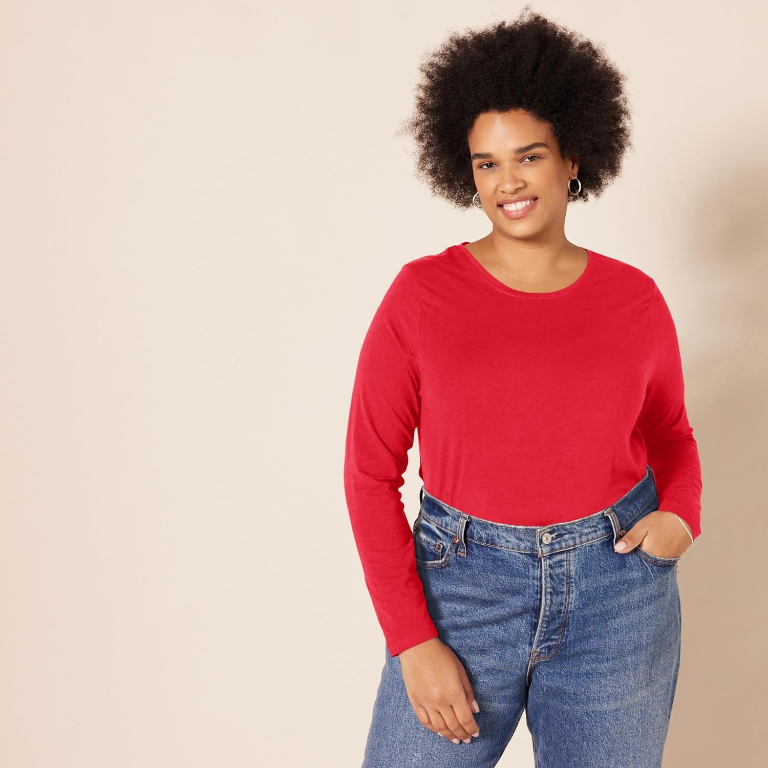 image:imageAmazon Essentials Womens RegularFit LongSleeve Crewneck TShirt Available in Plus SizeCherry Red