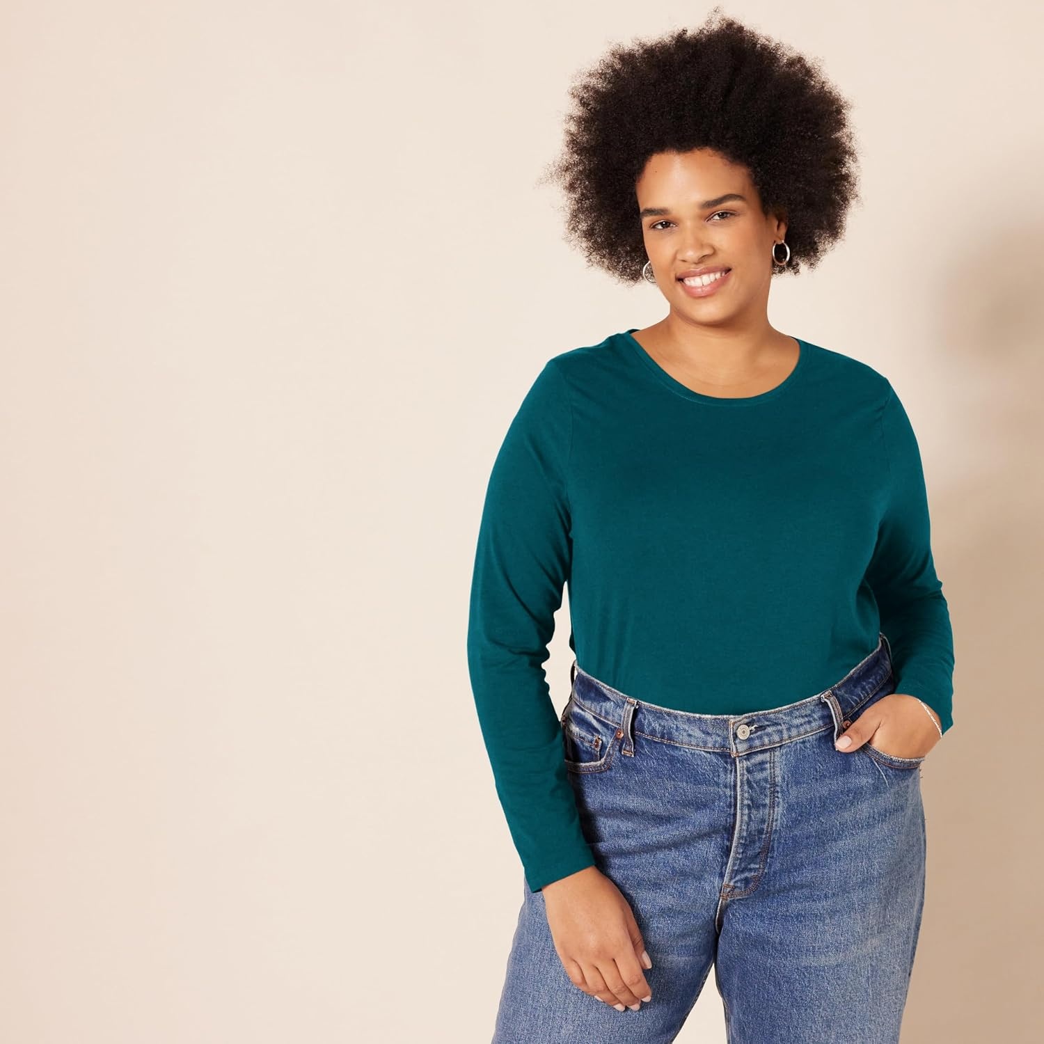 image:imageAmazon Essentials Womens RegularFit LongSleeve Crewneck TShirt Available in Plus SizeDark Green