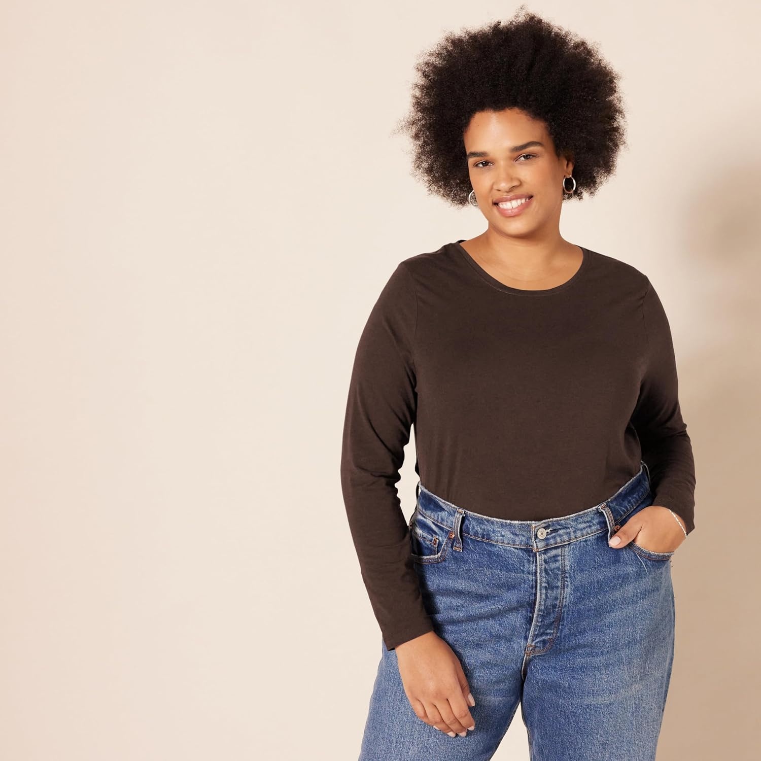 image:imageAmazon Essentials Womens RegularFit LongSleeve Crewneck TShirt Available in Plus SizeEspresso