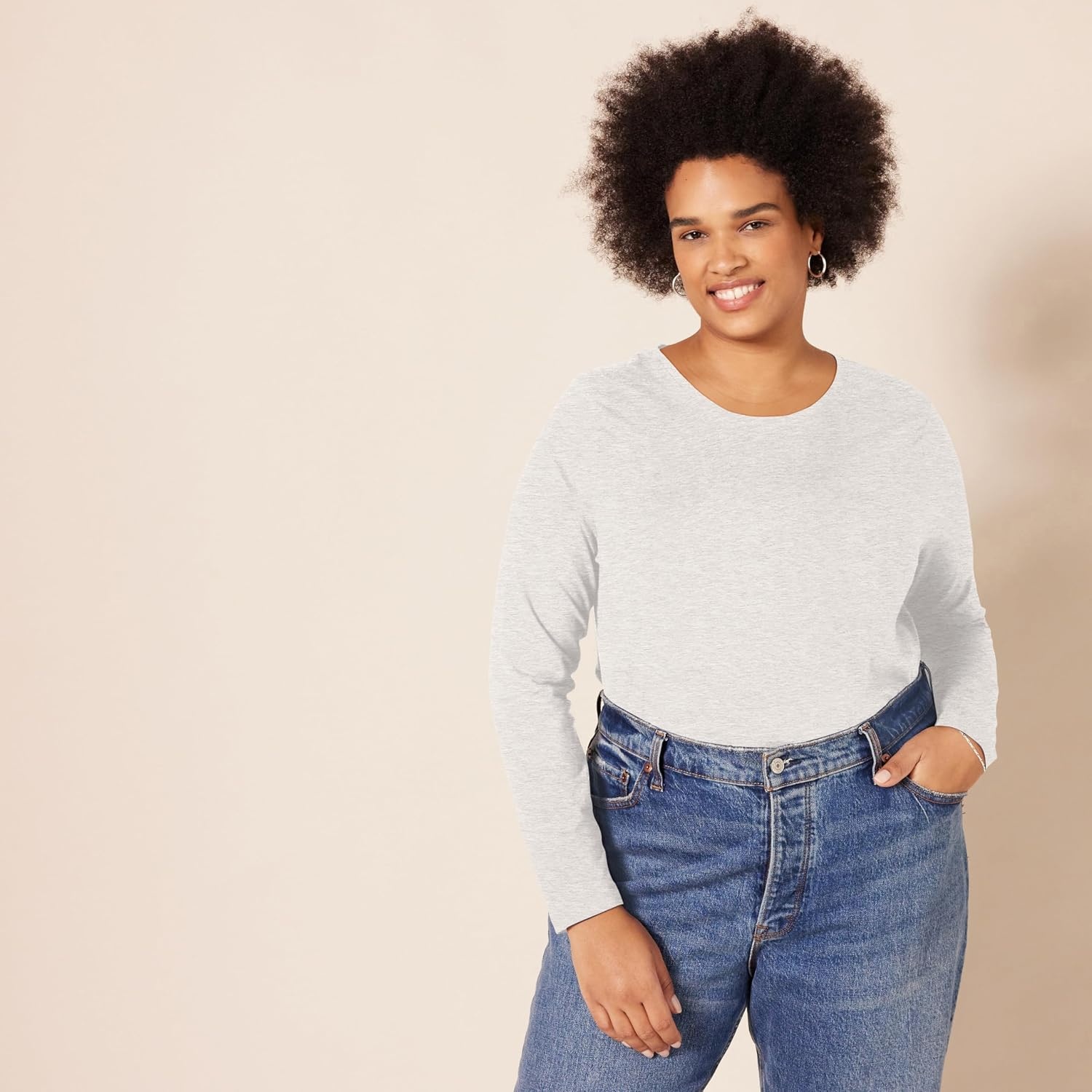 image:imageAmazon Essentials Womens RegularFit LongSleeve Crewneck TShirt Available in Plus SizeLight Grey Heather