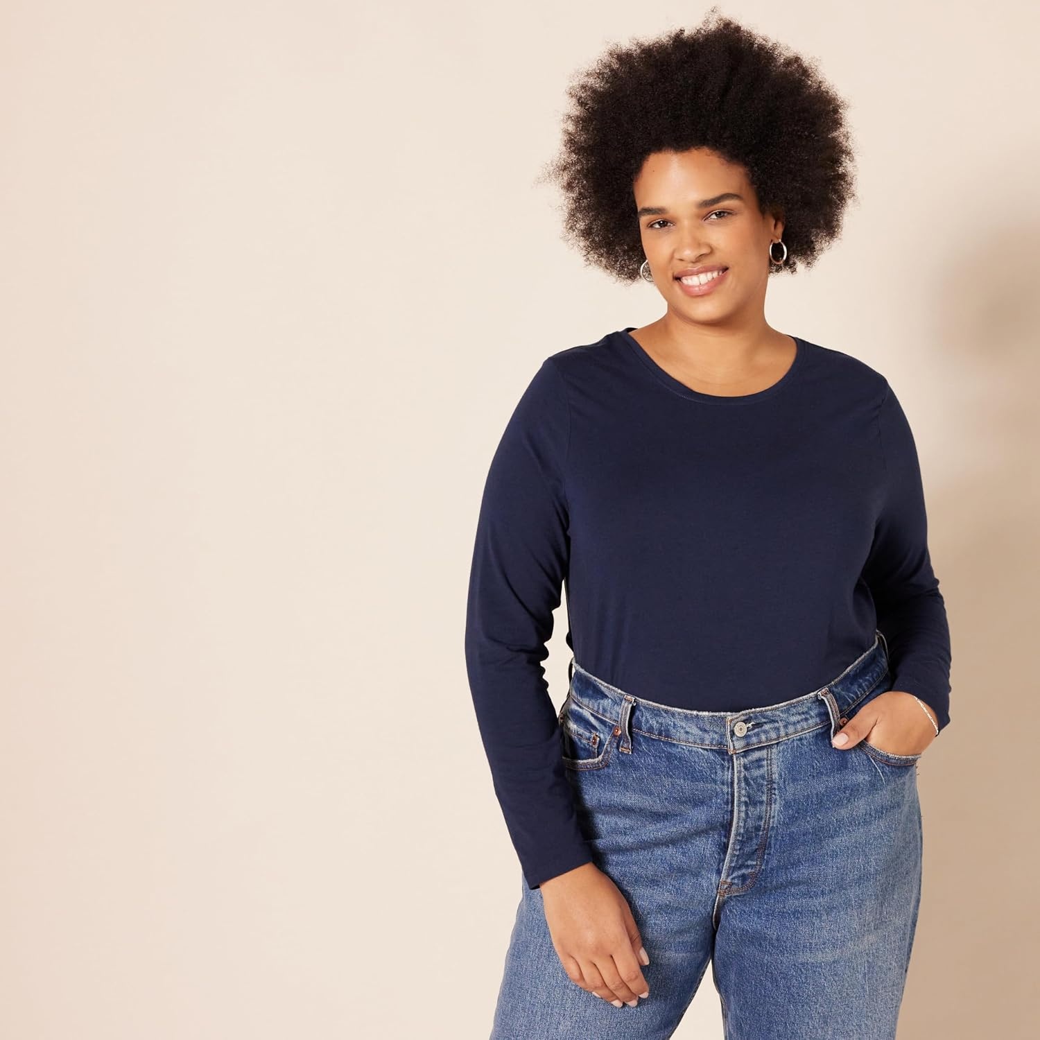 image:imageAmazon Essentials Womens RegularFit LongSleeve Crewneck TShirt Available in Plus SizeNavy