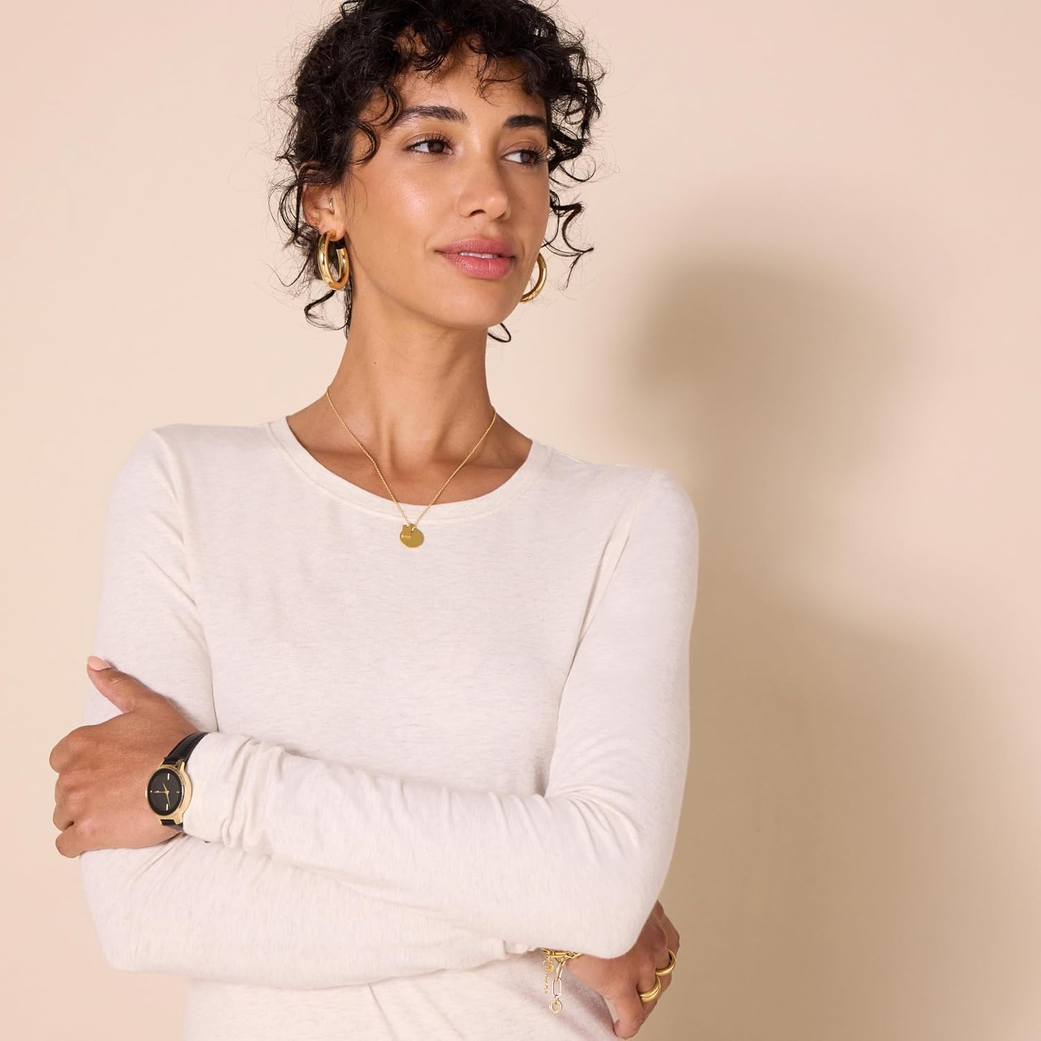 image:imageAmazon Essentials Womens RegularFit LongSleeve Crewneck TShirt Available in Plus SizeOatmeal Heather