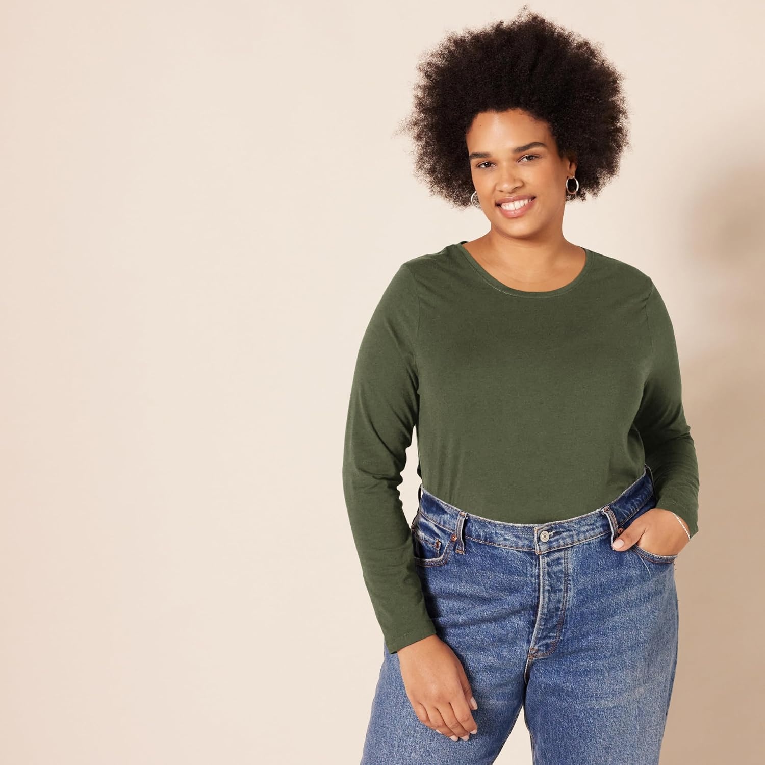 image:imageAmazon Essentials Womens RegularFit LongSleeve Crewneck TShirt Available in Plus SizeOlive