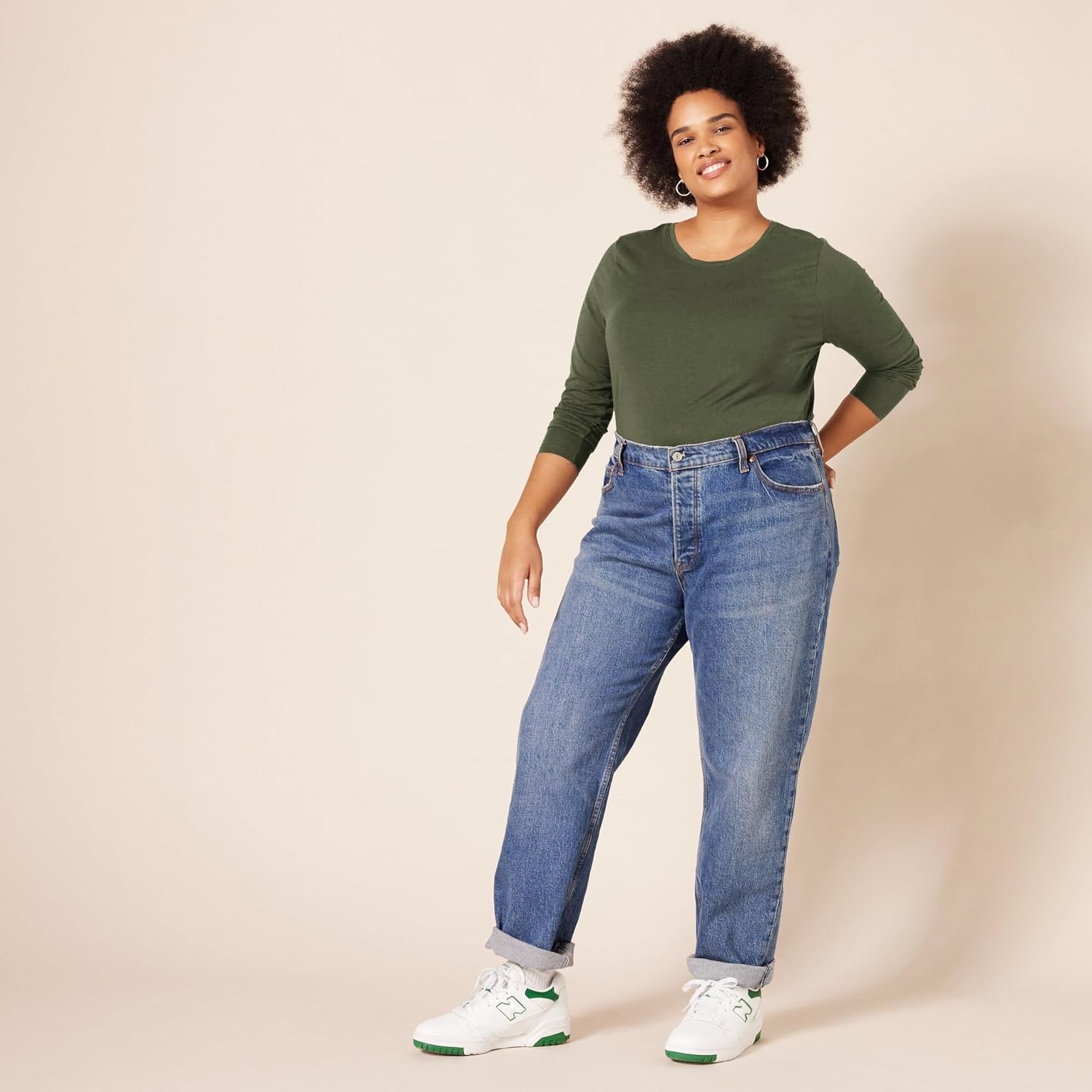 image:imageAmazon Essentials Womens RegularFit LongSleeve Crewneck TShirt Available in Plus SizeOlive