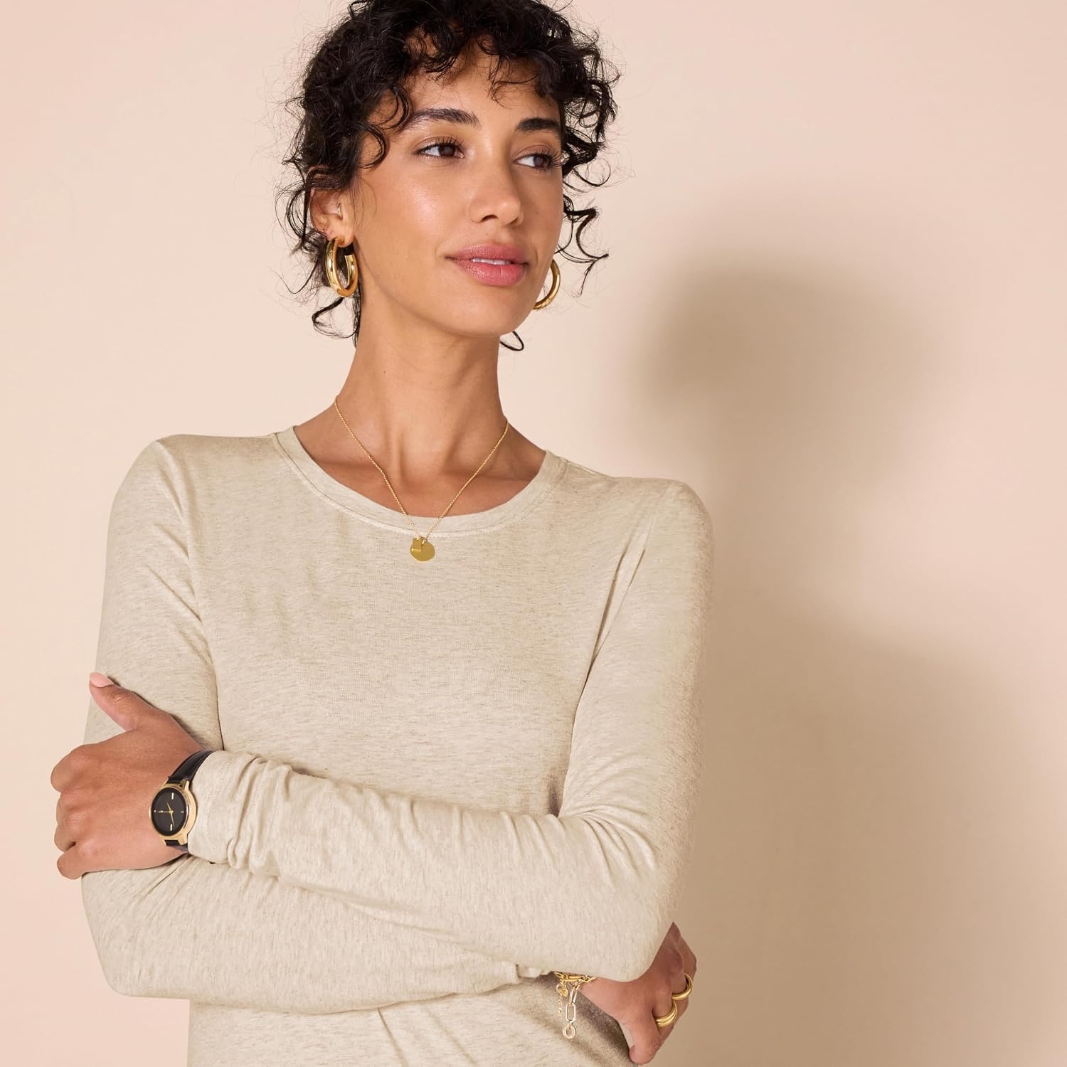 image:imageAmazon Essentials Womens RegularFit LongSleeve Crewneck TShirt Available in Plus SizeTan Heather