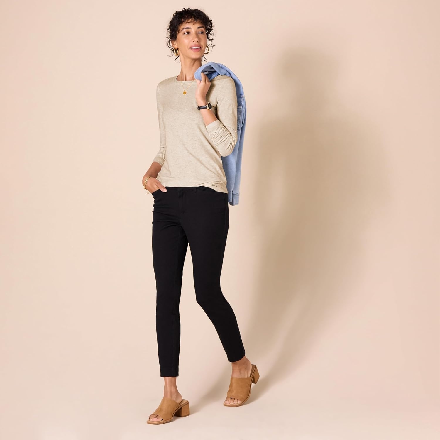 image:imageAmazon Essentials Womens RegularFit LongSleeve Crewneck TShirt Available in Plus SizeTan Heather