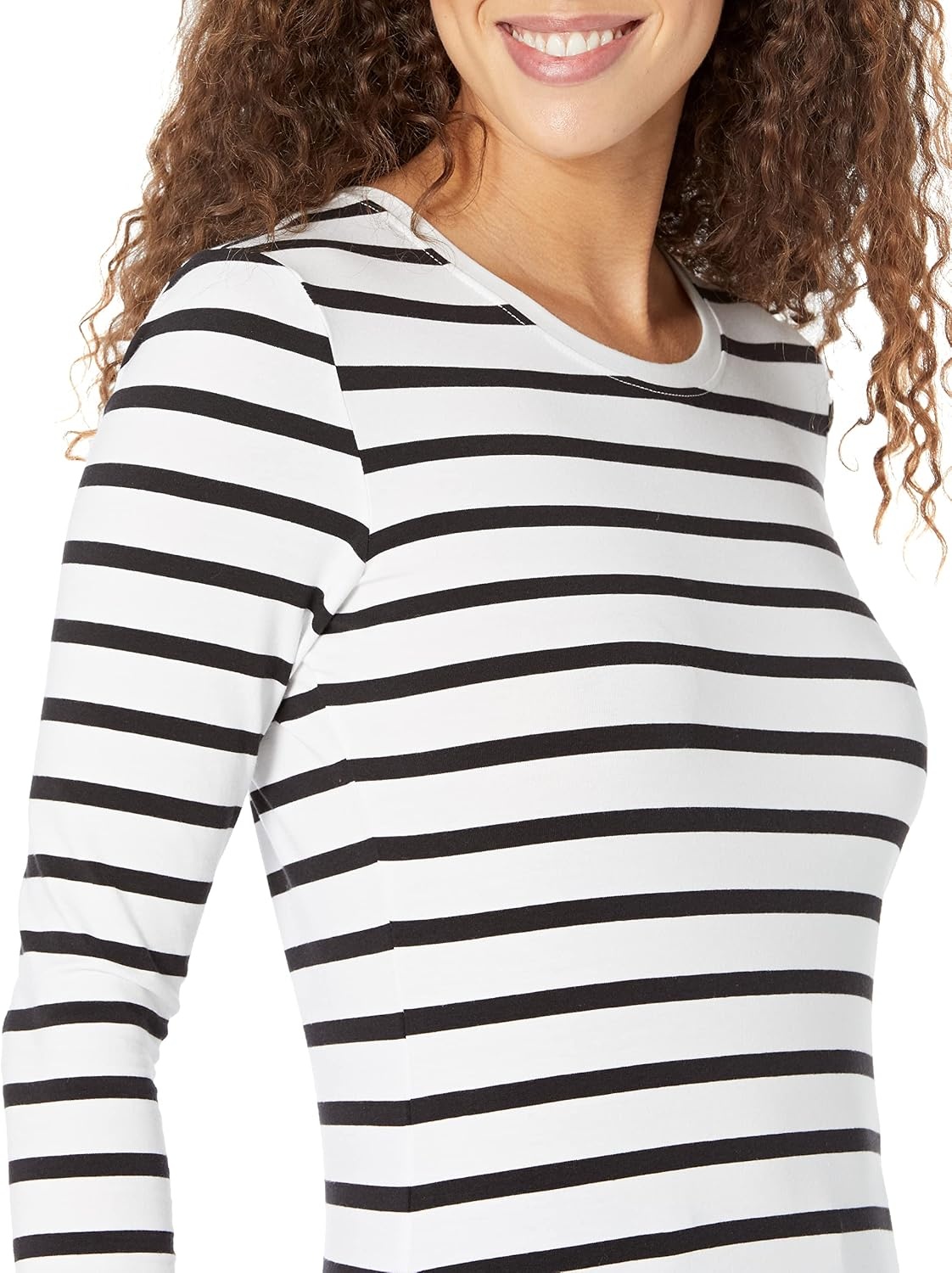 image:imageAmazon Essentials Womens RegularFit LongSleeve Crewneck TShirt Available in Plus SizeWhiteBlack Stripe