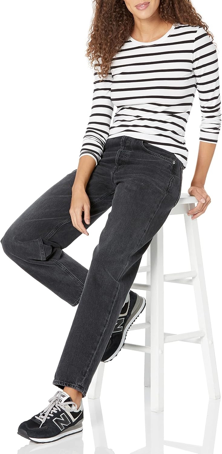 image:imageAmazon Essentials Womens RegularFit LongSleeve Crewneck TShirt Available in Plus SizeWhiteBlack Stripe