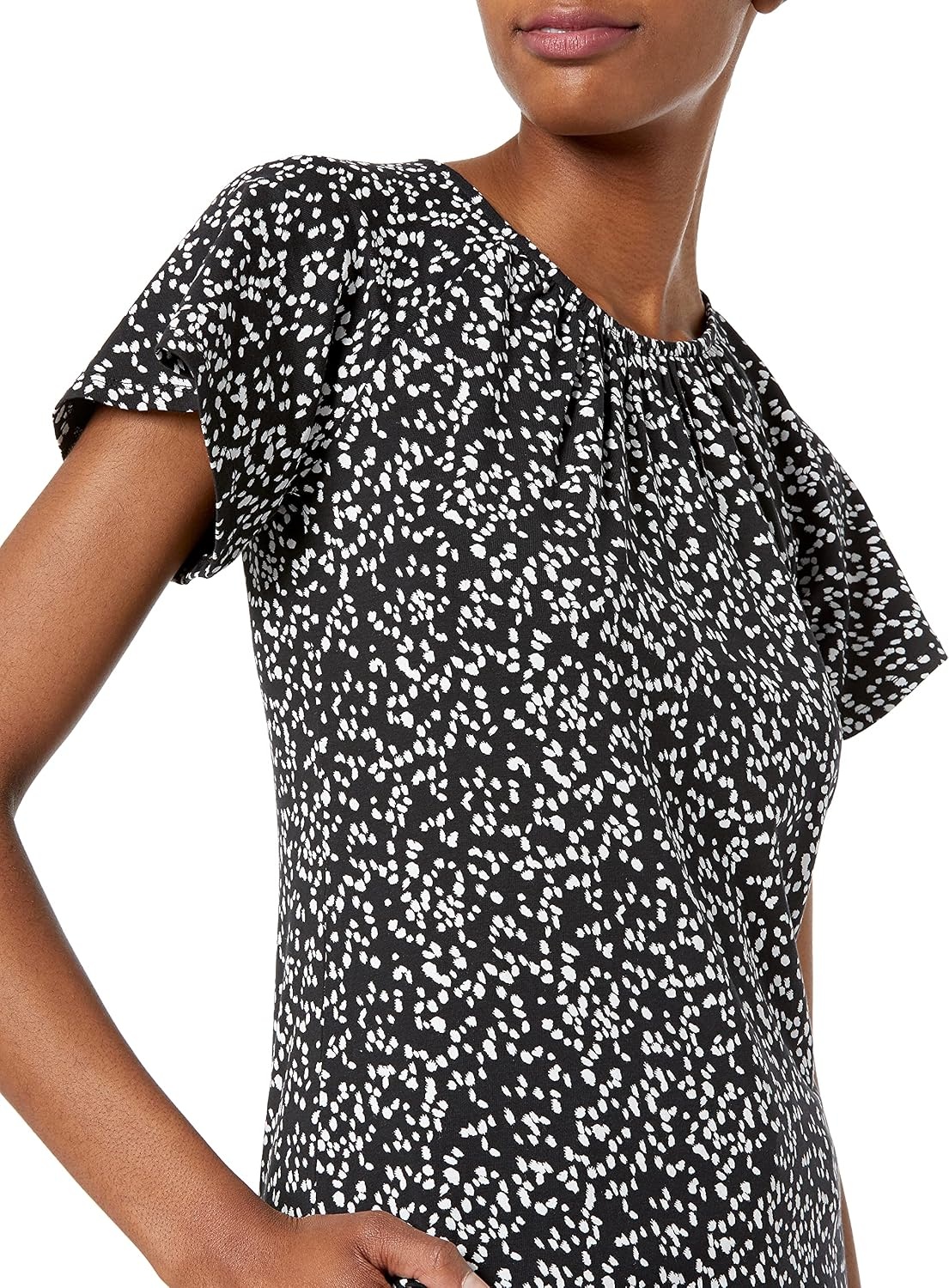 image:imageAmazon Essentials Womens RegularFit Short Flutter Cape Sleeve Crewneck TShirtBlack White Animal Print