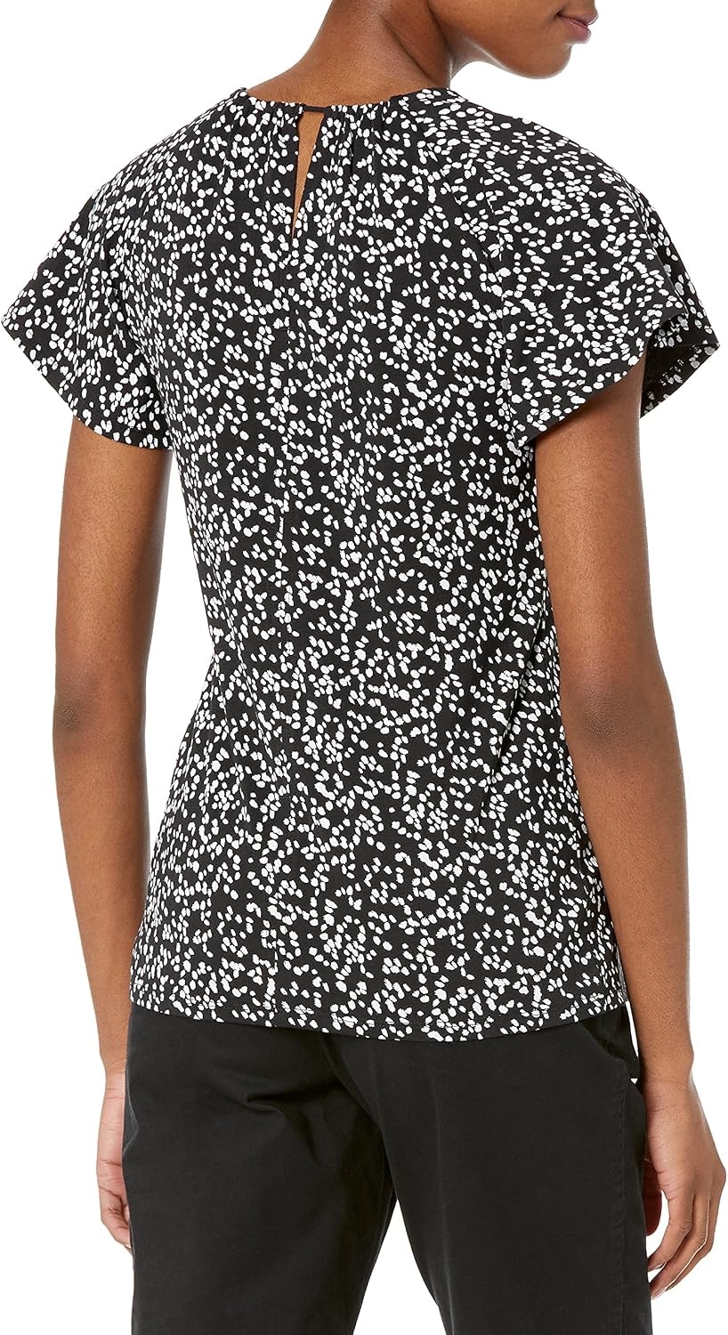 image:imageAmazon Essentials Womens RegularFit Short Flutter Cape Sleeve Crewneck TShirtBlack White Animal Print