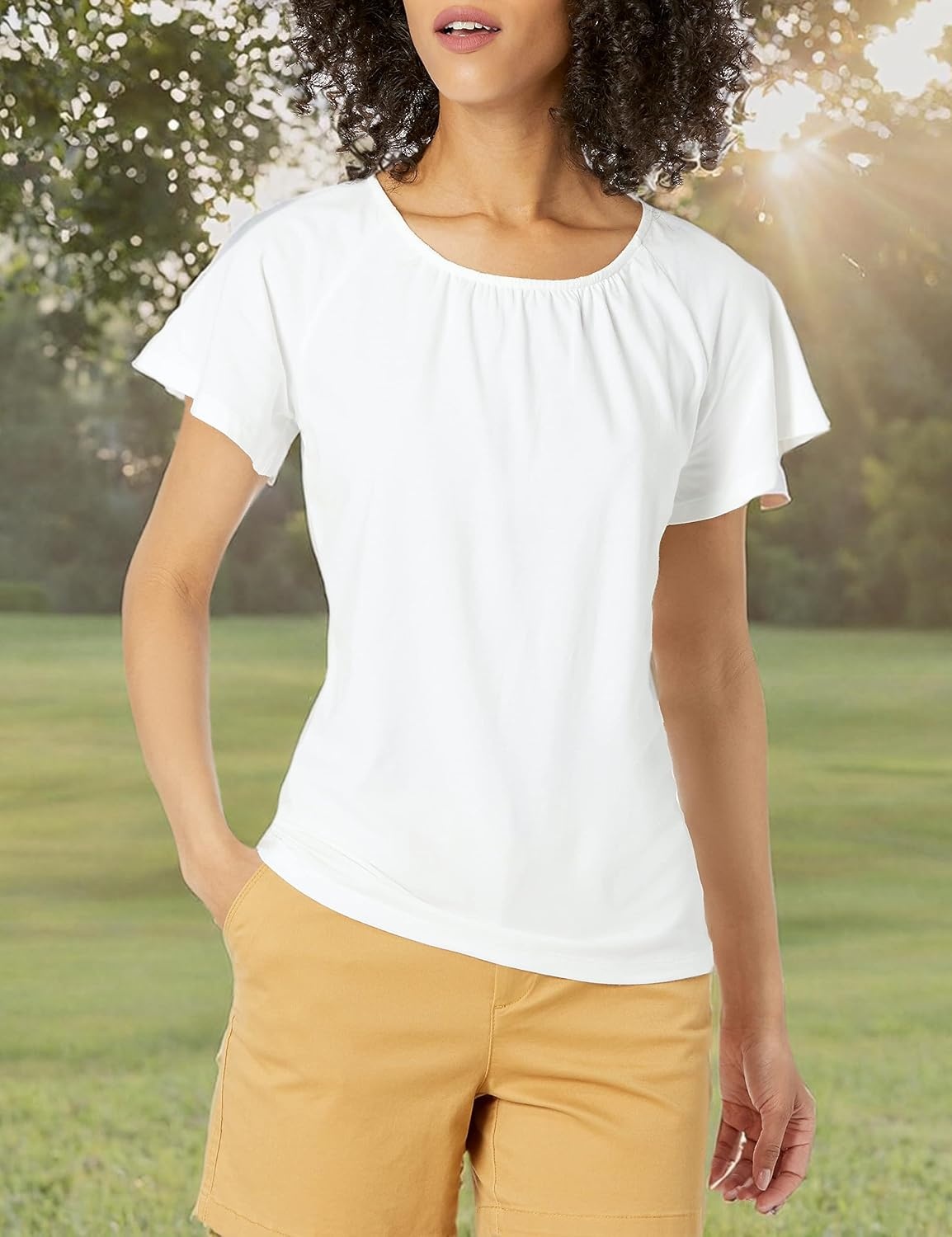 image:imageAmazon Essentials Womens RegularFit Short Flutter Cape Sleeve Crewneck TShirtWhite