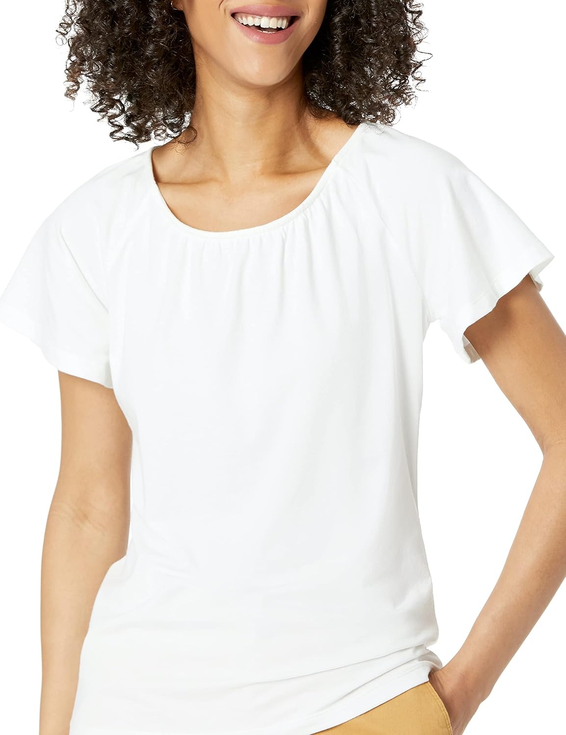 image:imageAmazon Essentials Womens RegularFit Short Flutter Cape Sleeve Crewneck TShirtWhite