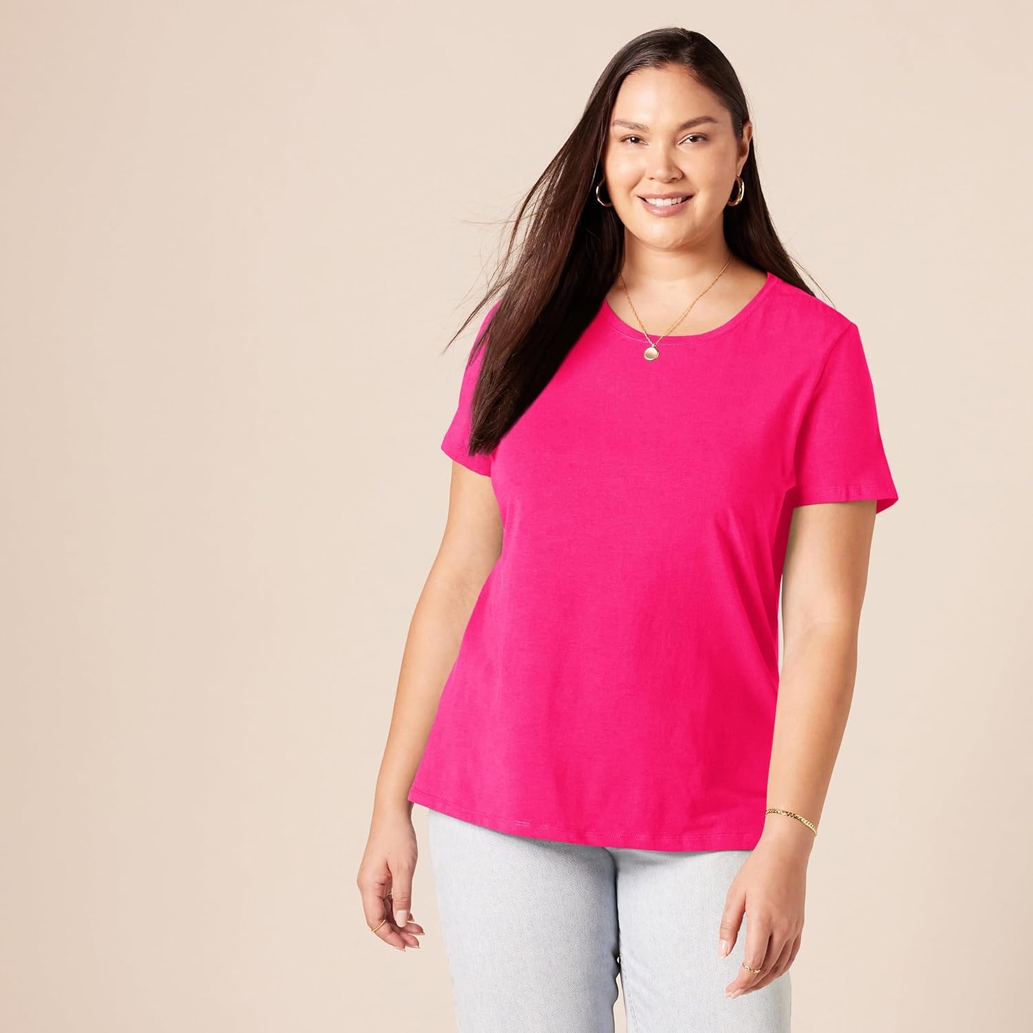 image:imageAmazon Essentials Womens RegularFit ShortSleeve Crewneck TShirt MultipacksHot PinkWhite