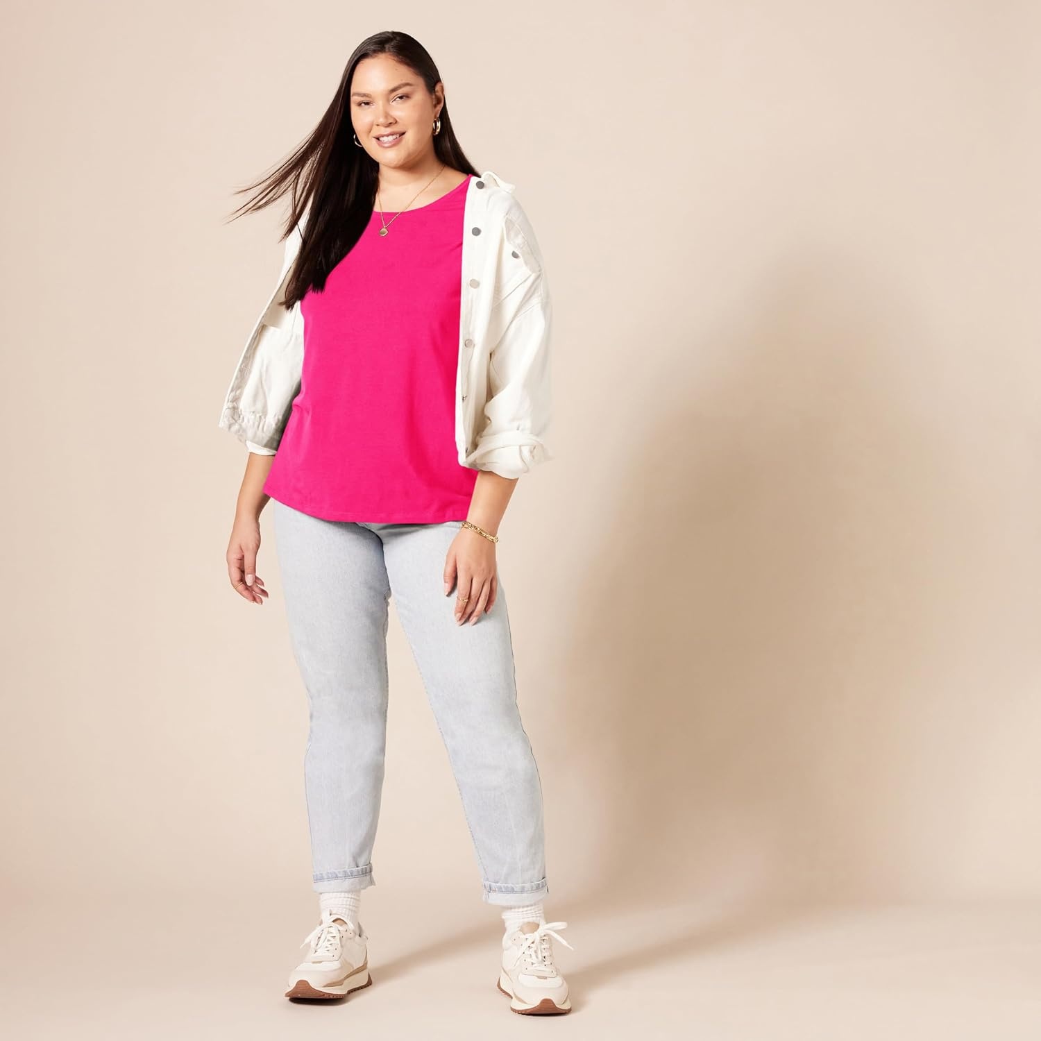 image:imageAmazon Essentials Womens RegularFit ShortSleeve Crewneck TShirt MultipacksHot PinkWhite