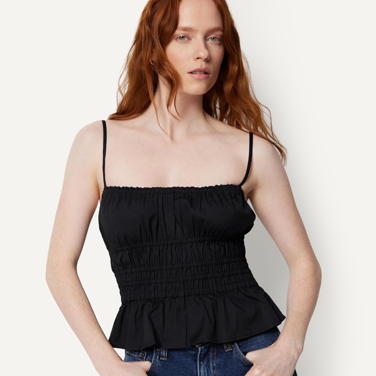 image:imageAmazon Essentials Womens RegularFit Smocked Cotton Stretch Poplin TankBlack