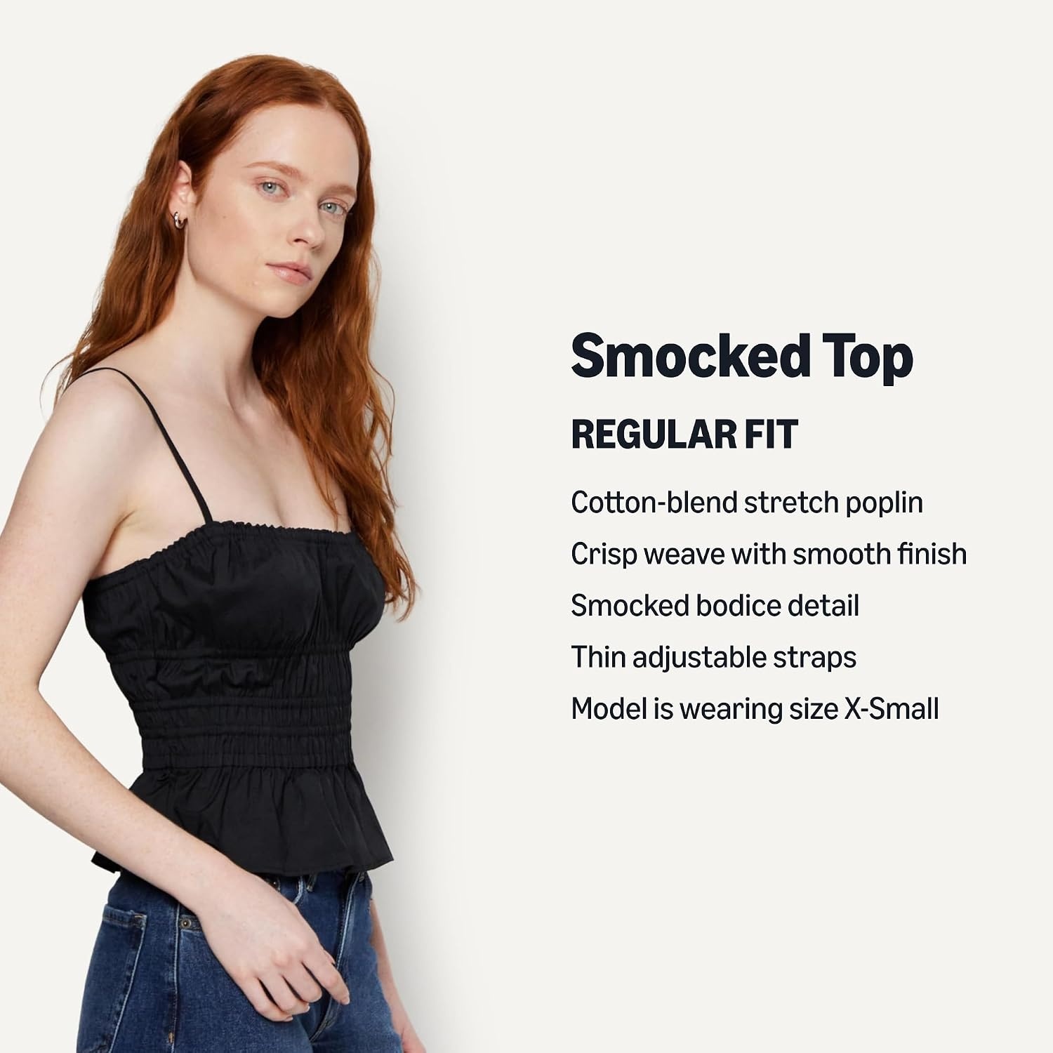 image:imageAmazon Essentials Womens RegularFit Smocked Cotton Stretch Poplin TankBlack