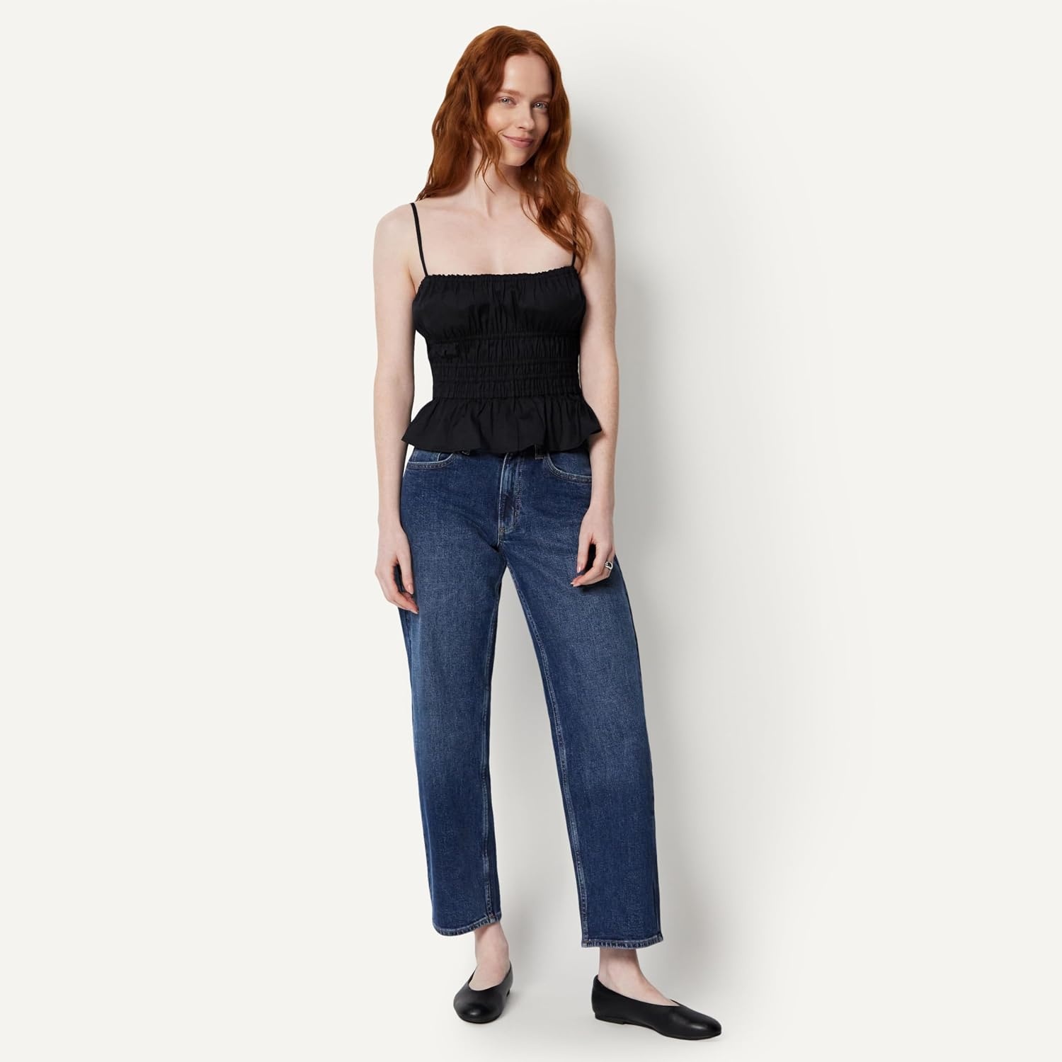 image:imageAmazon Essentials Womens RegularFit Smocked Cotton Stretch Poplin TankBlack