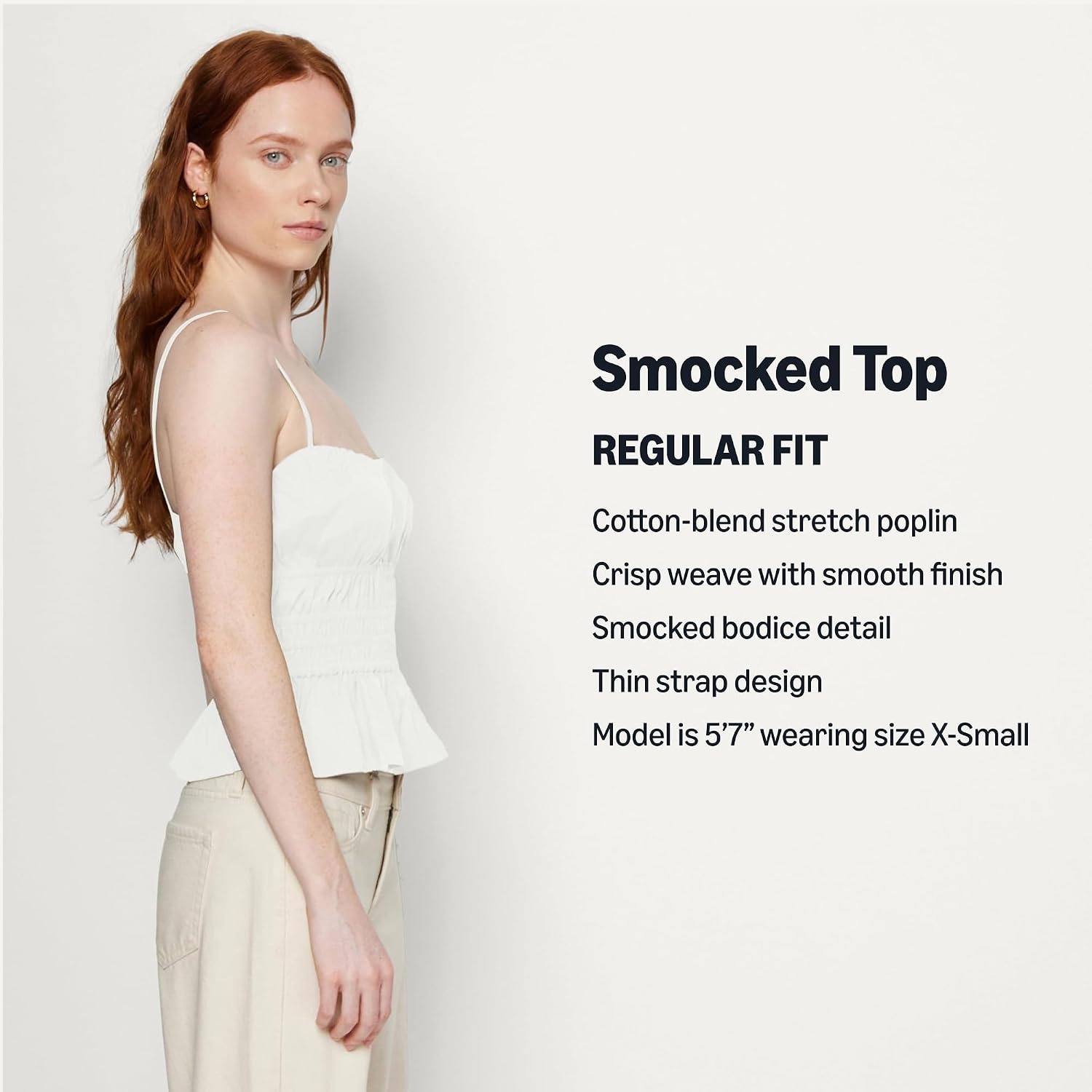 image:imageAmazon Essentials Womens RegularFit Smocked Cotton Stretch Poplin TankBright White